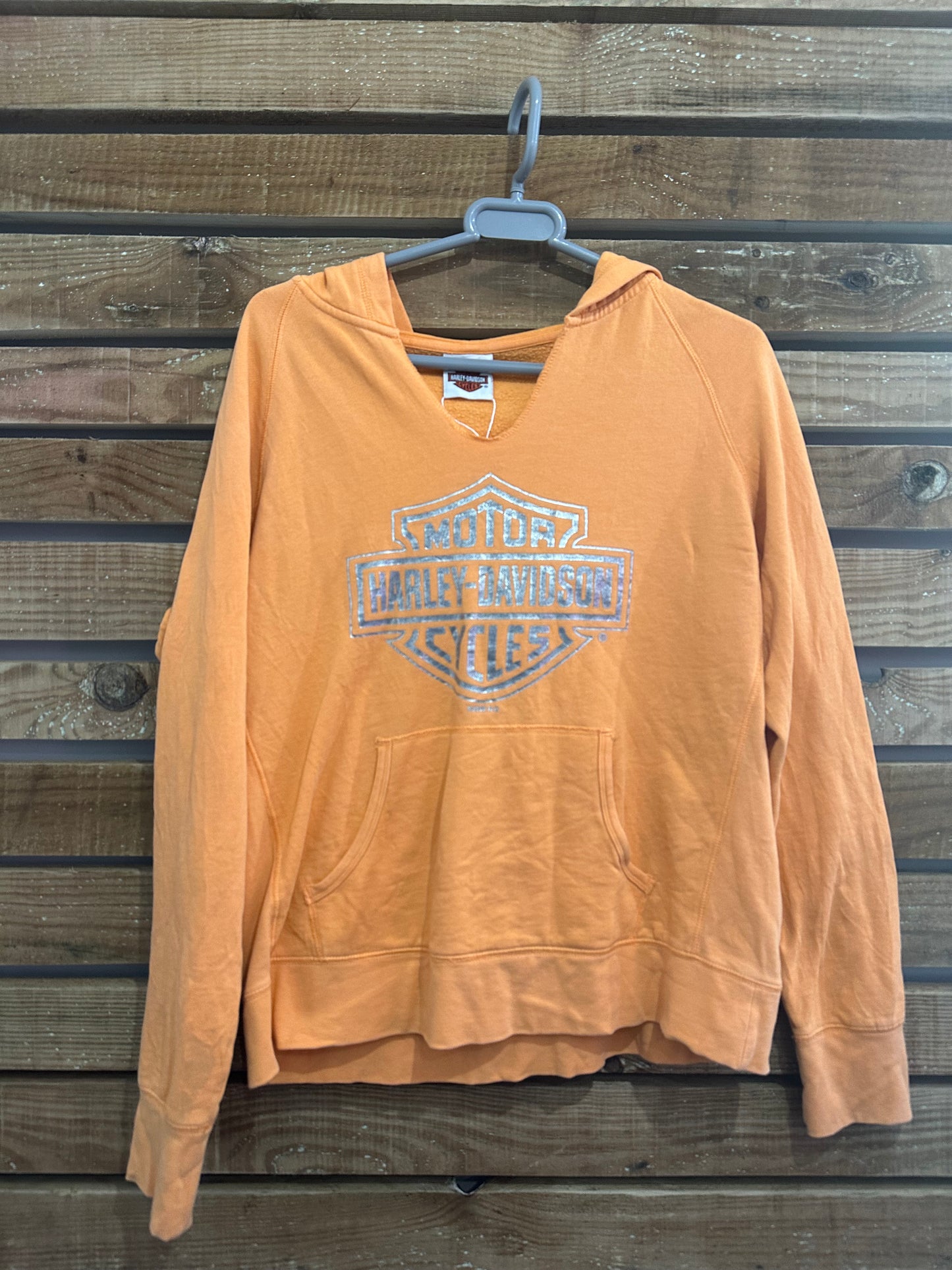 Vintage 90s Harley-Davidson motorbike Spell-out hoodie. Hooded sweater. Orange. Size Medium