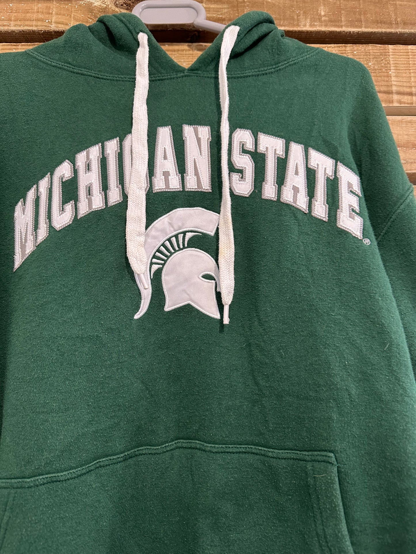 Vintage 90s Michigan State University hoodie/ hooded sweater. USA/ American. Green. Size Small