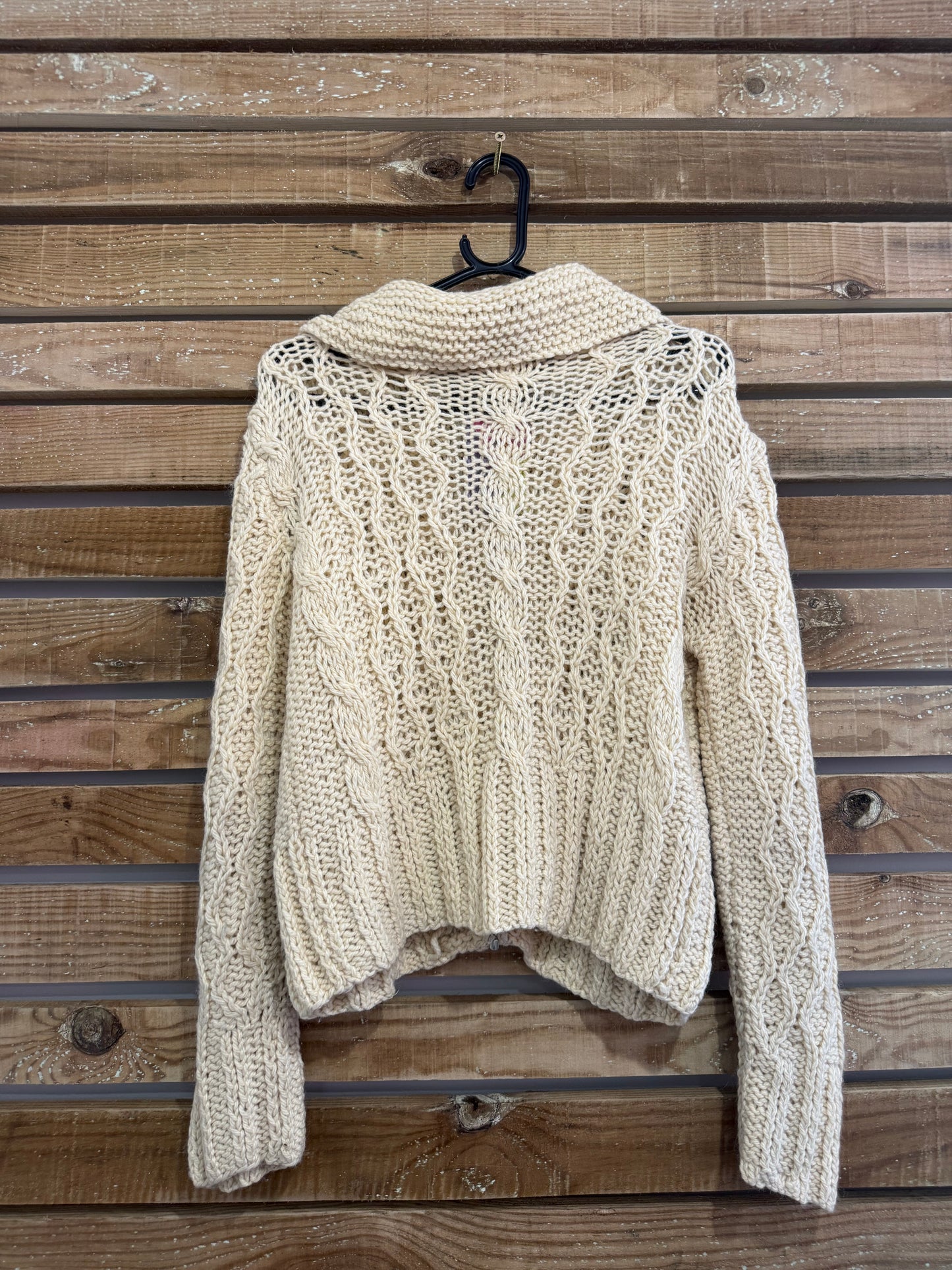 Vintage 50s zip up aran cable Knit Jumper/ cardigan. Collared. Rockabilly. Size Large.