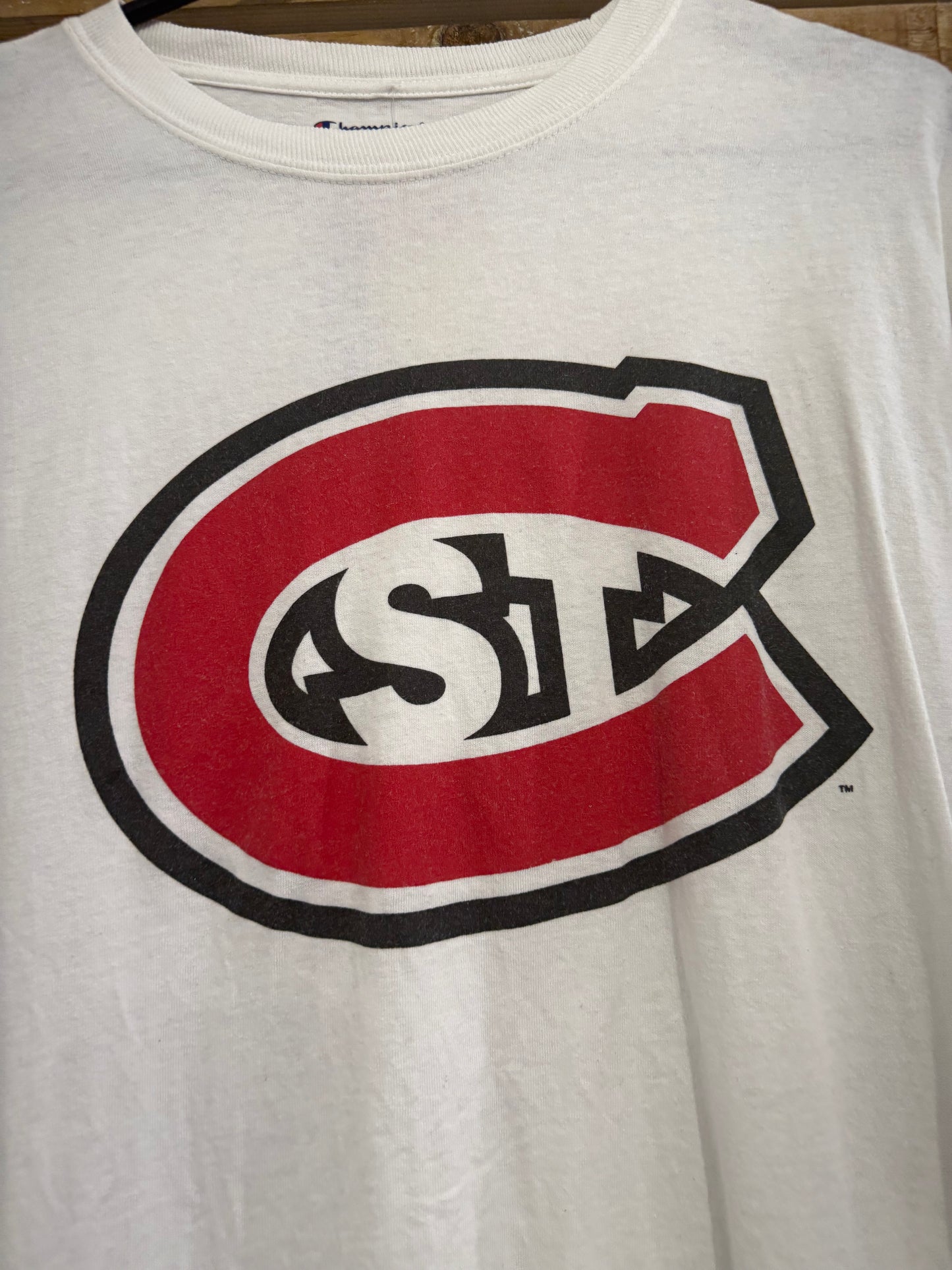 Vintage 90s Champion St.Cloud State Huskies Football USA American spell-out t-shirt. Size Large.