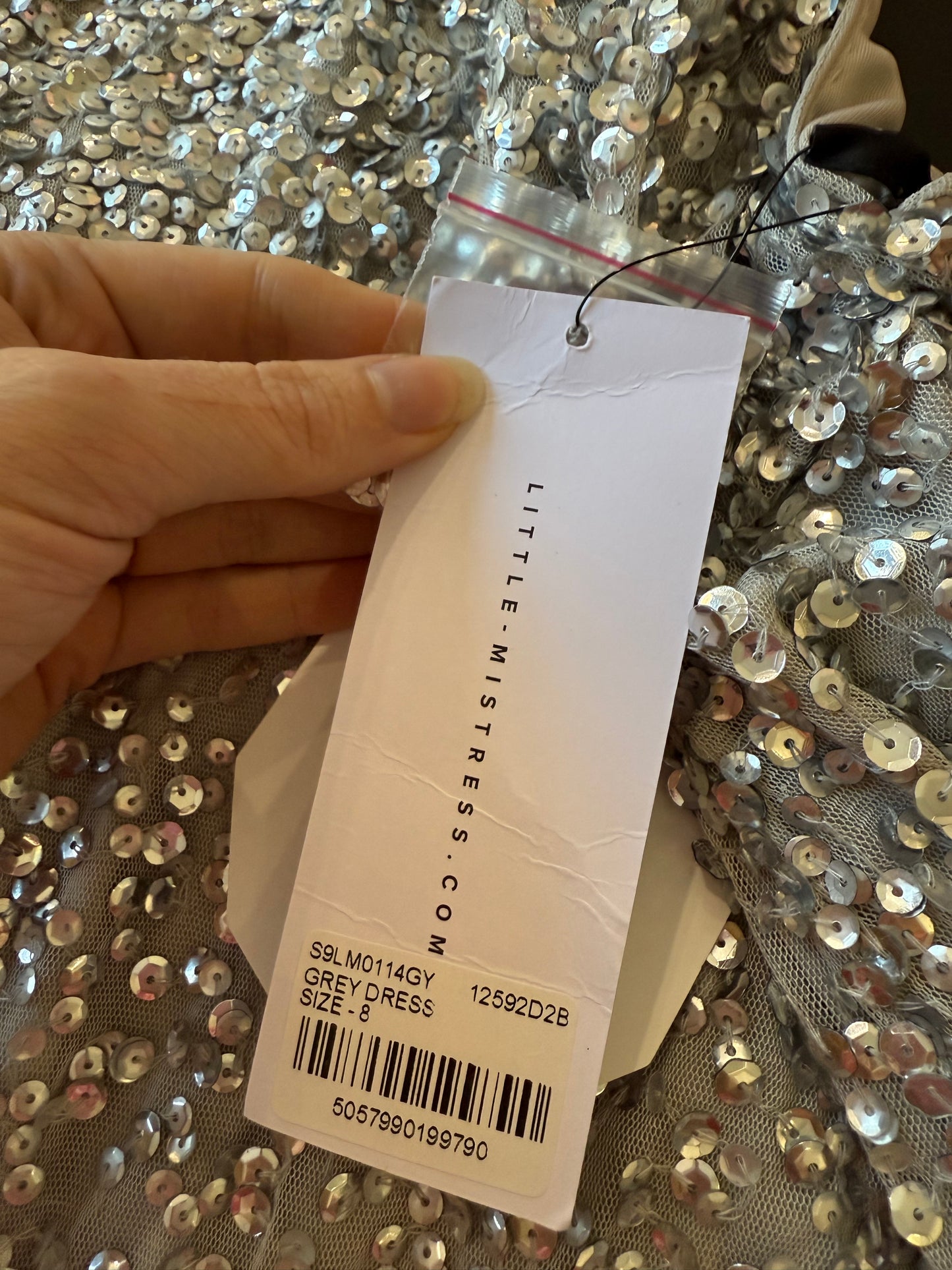 Little Mistress sequin long evening dress. Open back, side split. UK8