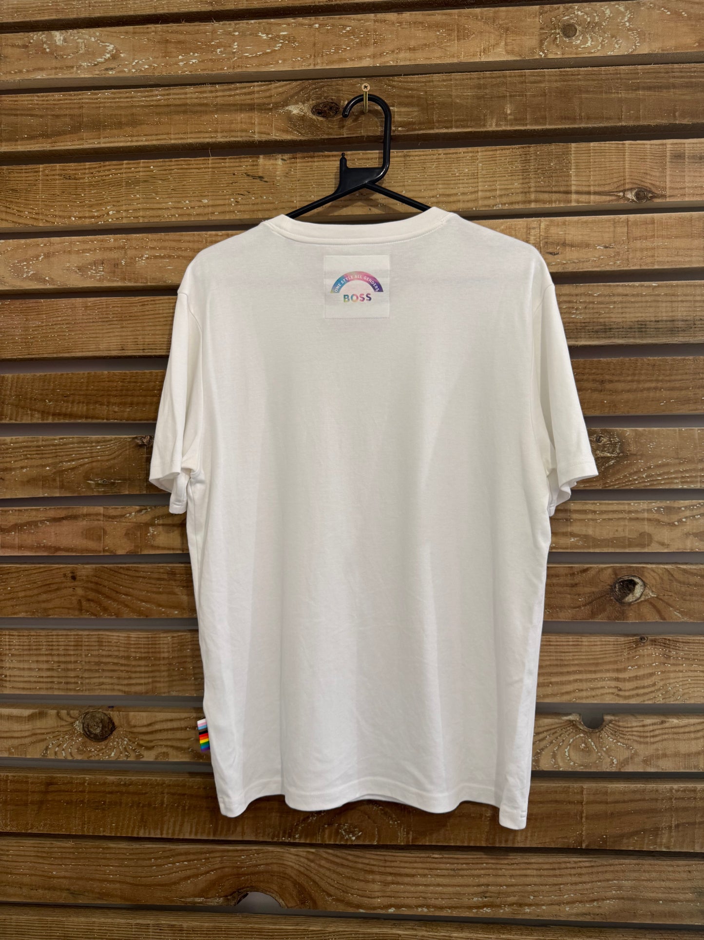 Hugo Boss rainbow logo T-shirt. Pride/Gender Equality. White. Size Small.