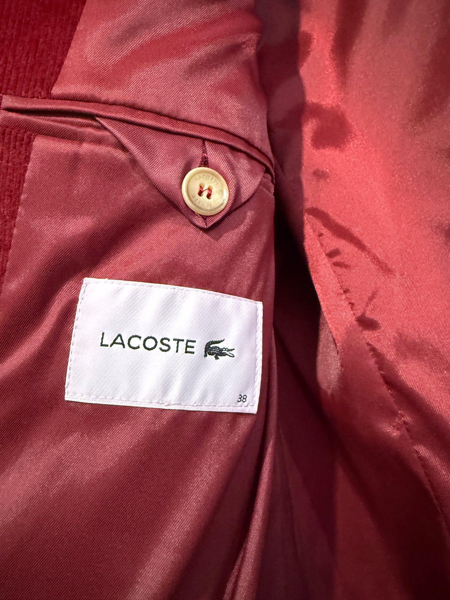 Lacoste cord double breasted blazer jacket. Size 38. Burgundy.