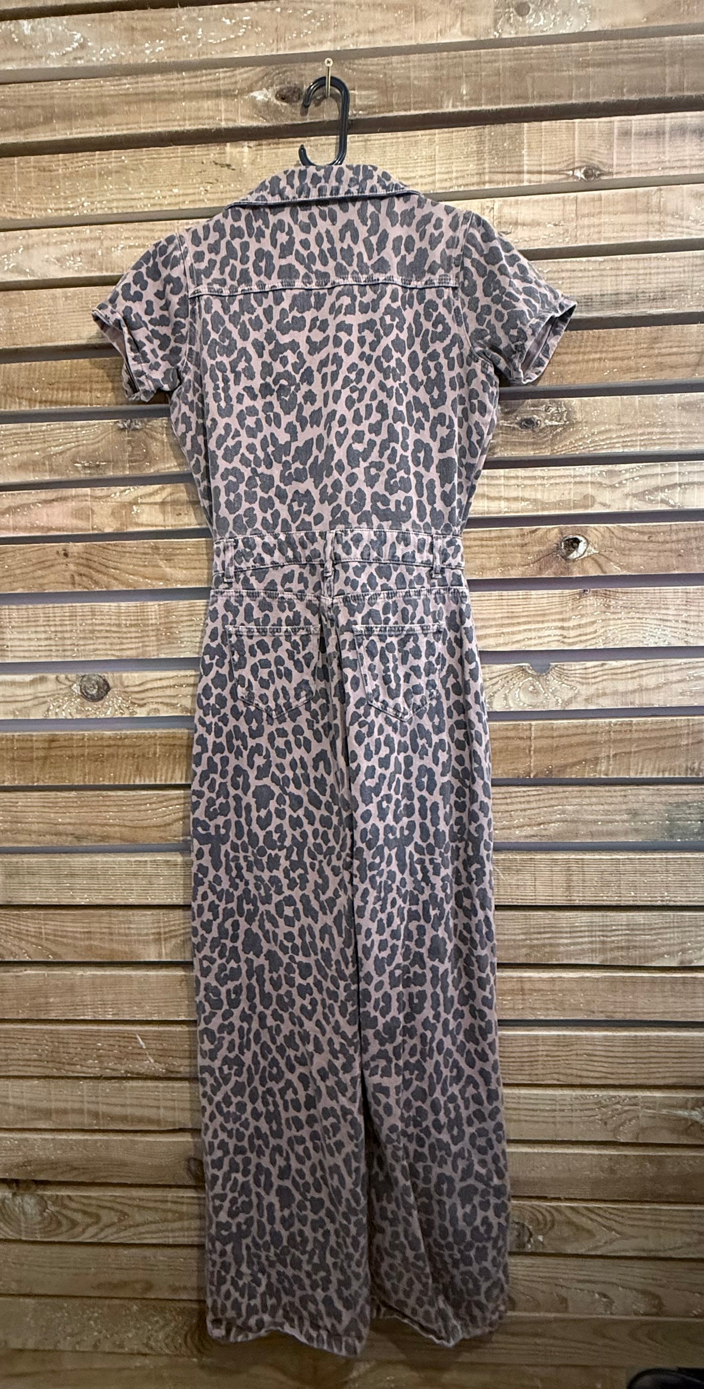 Leopard print denim jumpsuit. Size 8.