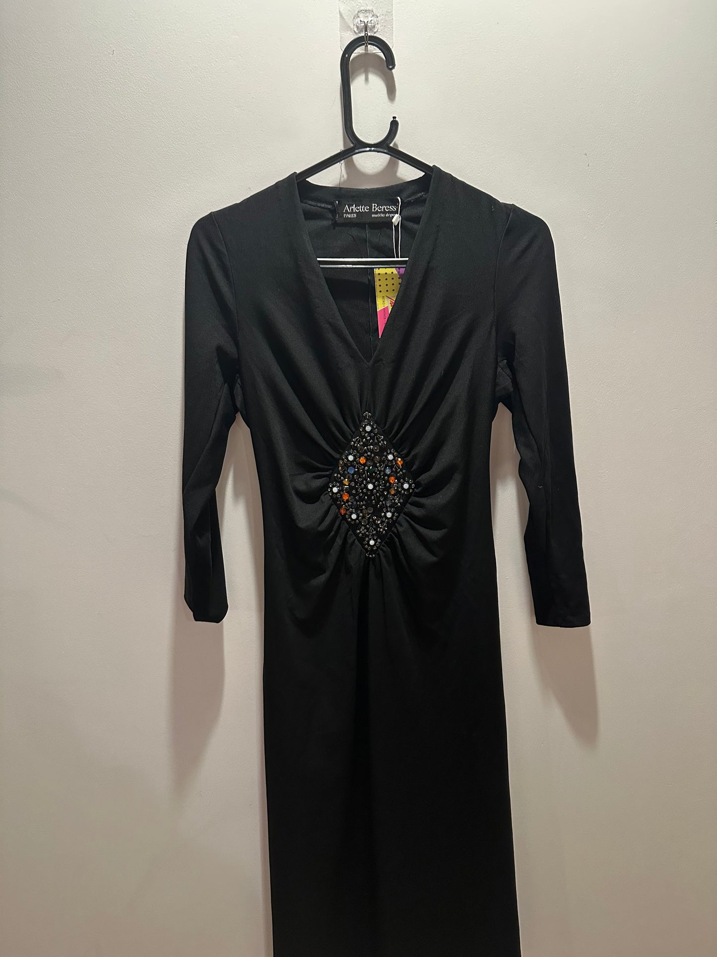 Vintage 60s/70s Arlette Beressi black beaded front dress. Eveningwear. Size 6-8