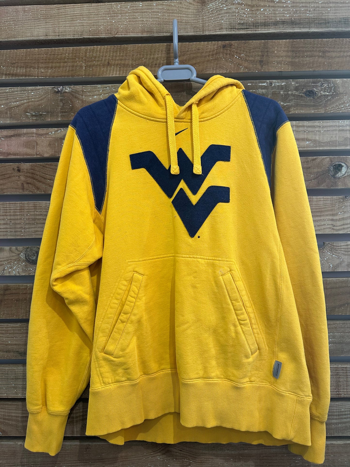 Vintage 90s Nike West Virginia University hoodie/ hooded sweater. USA/ American. Grey Size Small.