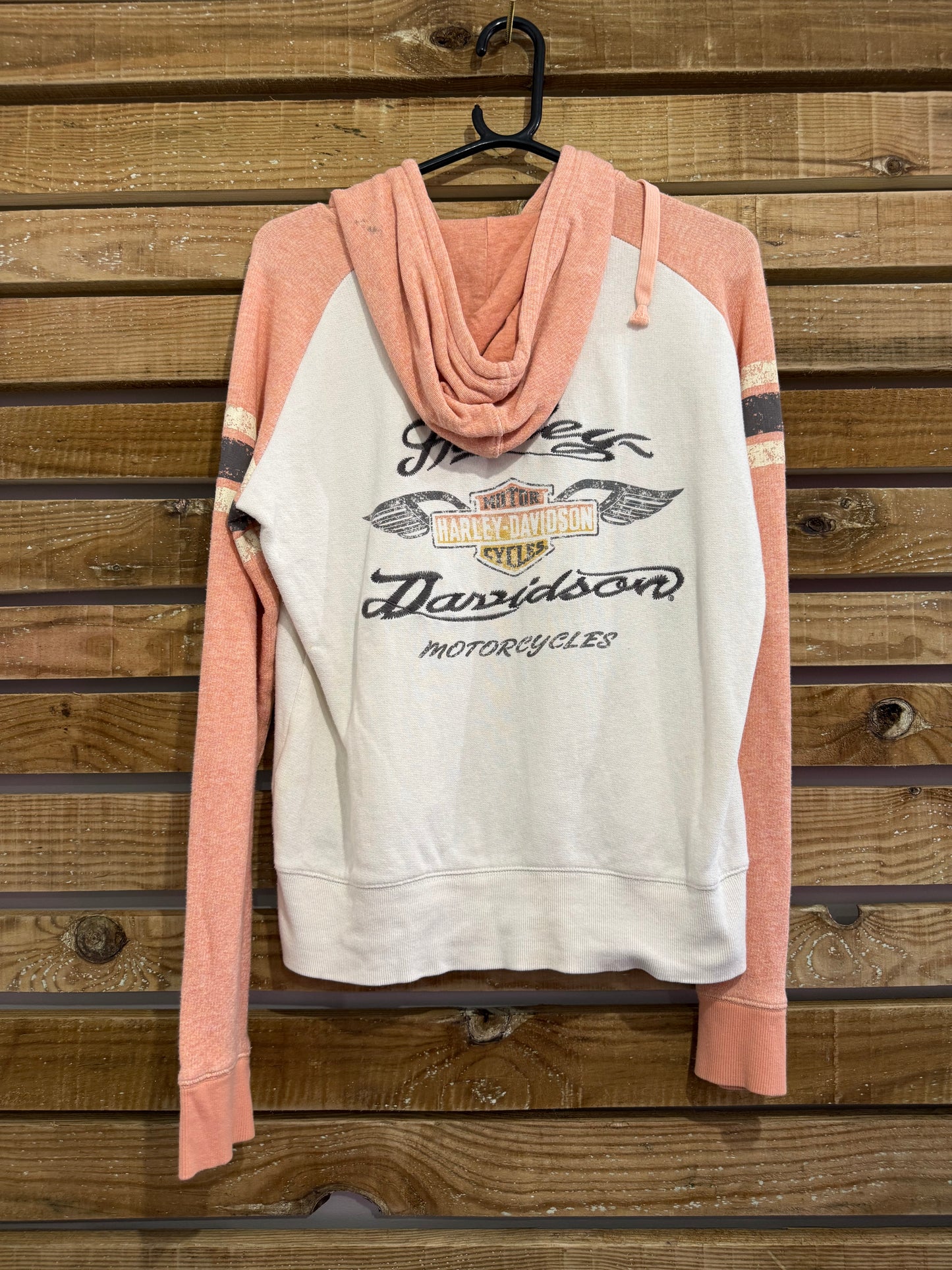 Vintage Y2K Harley-Davidson motorbike Spell-out hoodie. Hooded sweater. Pink. Size Large