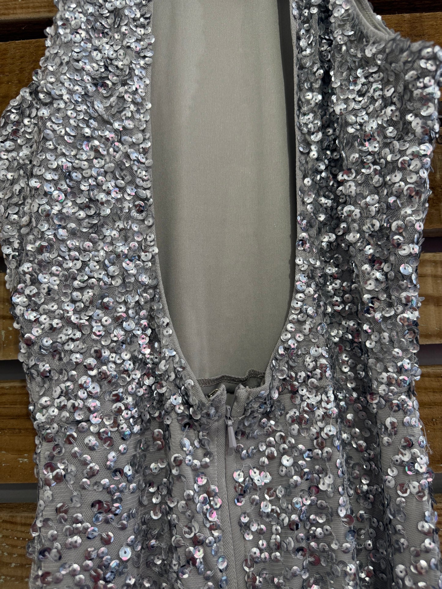 Little Mistress sequin long evening dress. Open back, side split. UK8