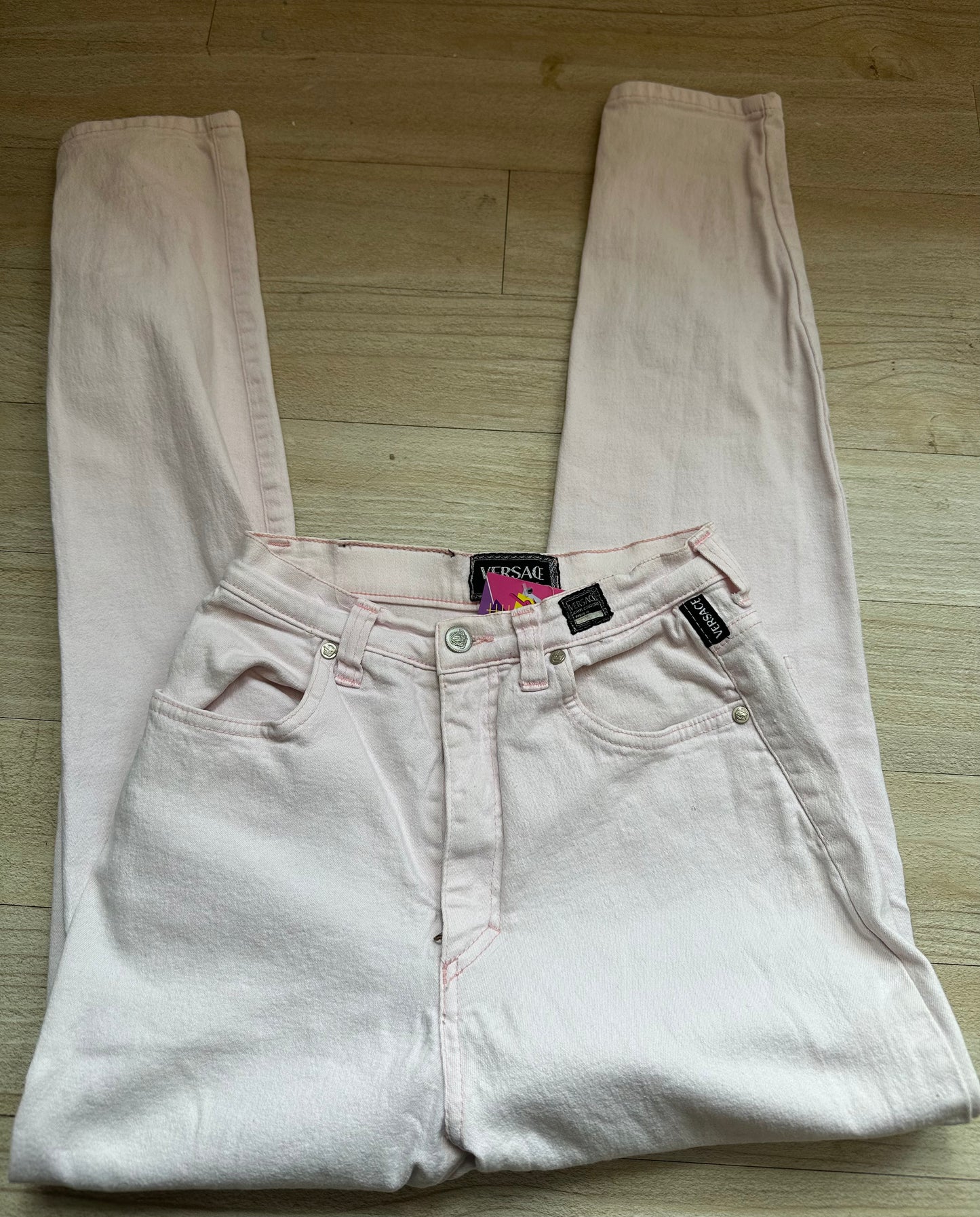 Vintage 90s Versace pink jeans. Medusa. 25” waist, 29.5” leg.