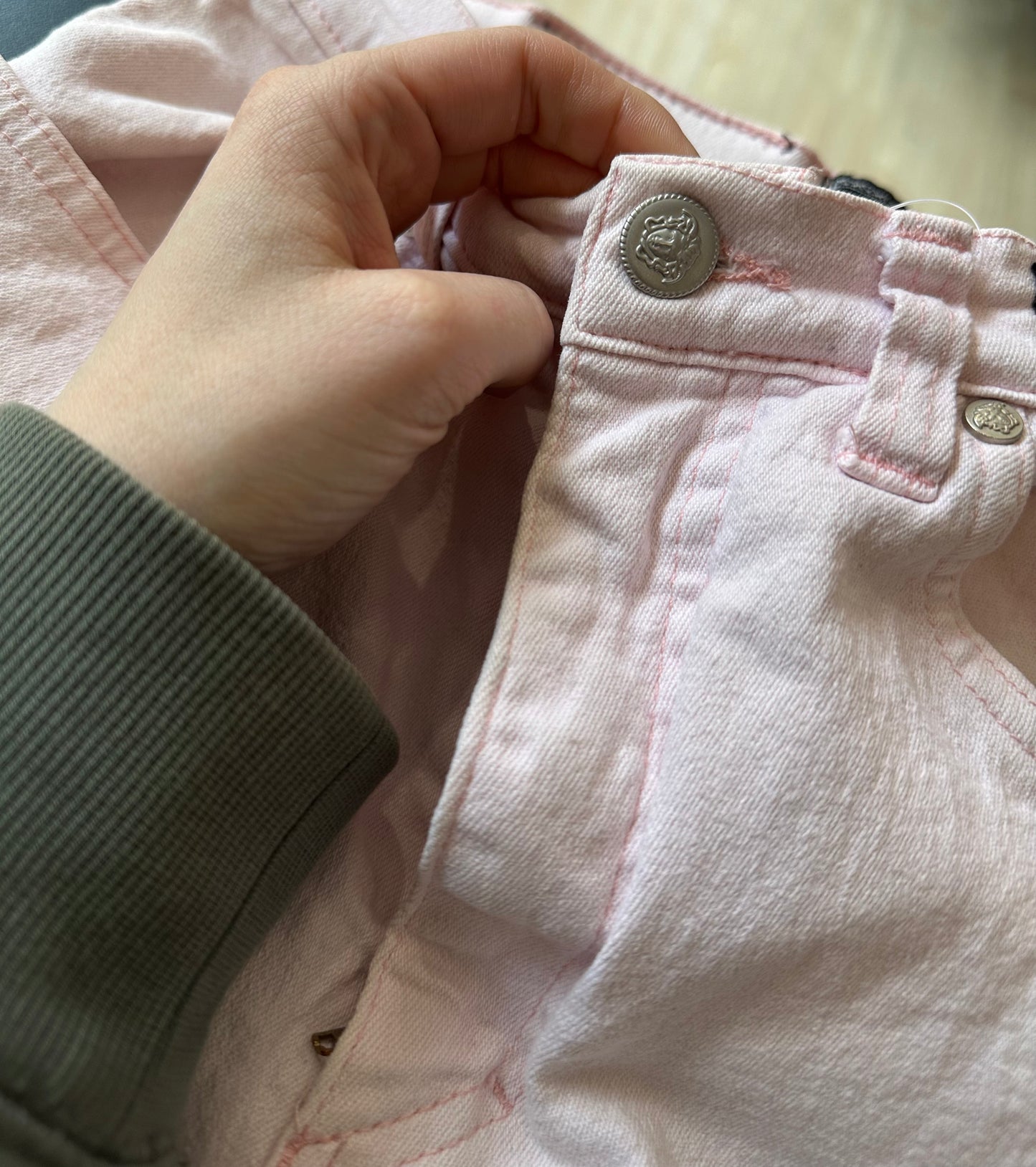 Vintage 90s Versace pink jeans. Medusa. 25” waist, 29.5” leg.