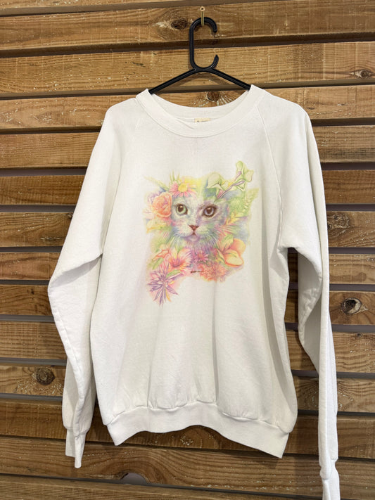 Vintage 90s Cat motif sweater/ sweatshirt. USA. White. Cottage core. Size XL.