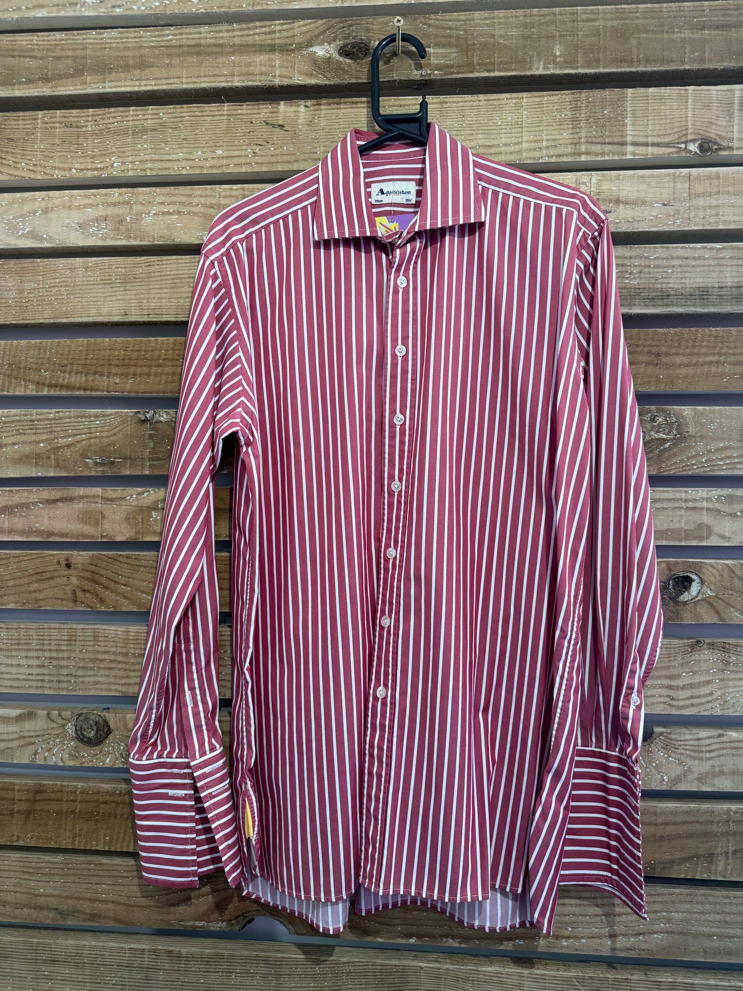 Vintage 90s Aquascutum Dress Shirt - French Cuffs, 15.5” Collar, 46” chest. Size Large. Red stripe.
