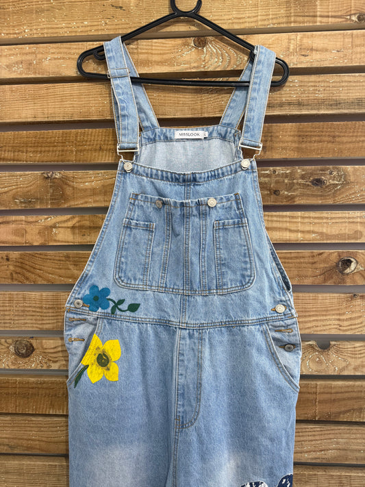 Vintage 90s Miss Look denim painted flowers dungarees. Summer/ festival. Large.