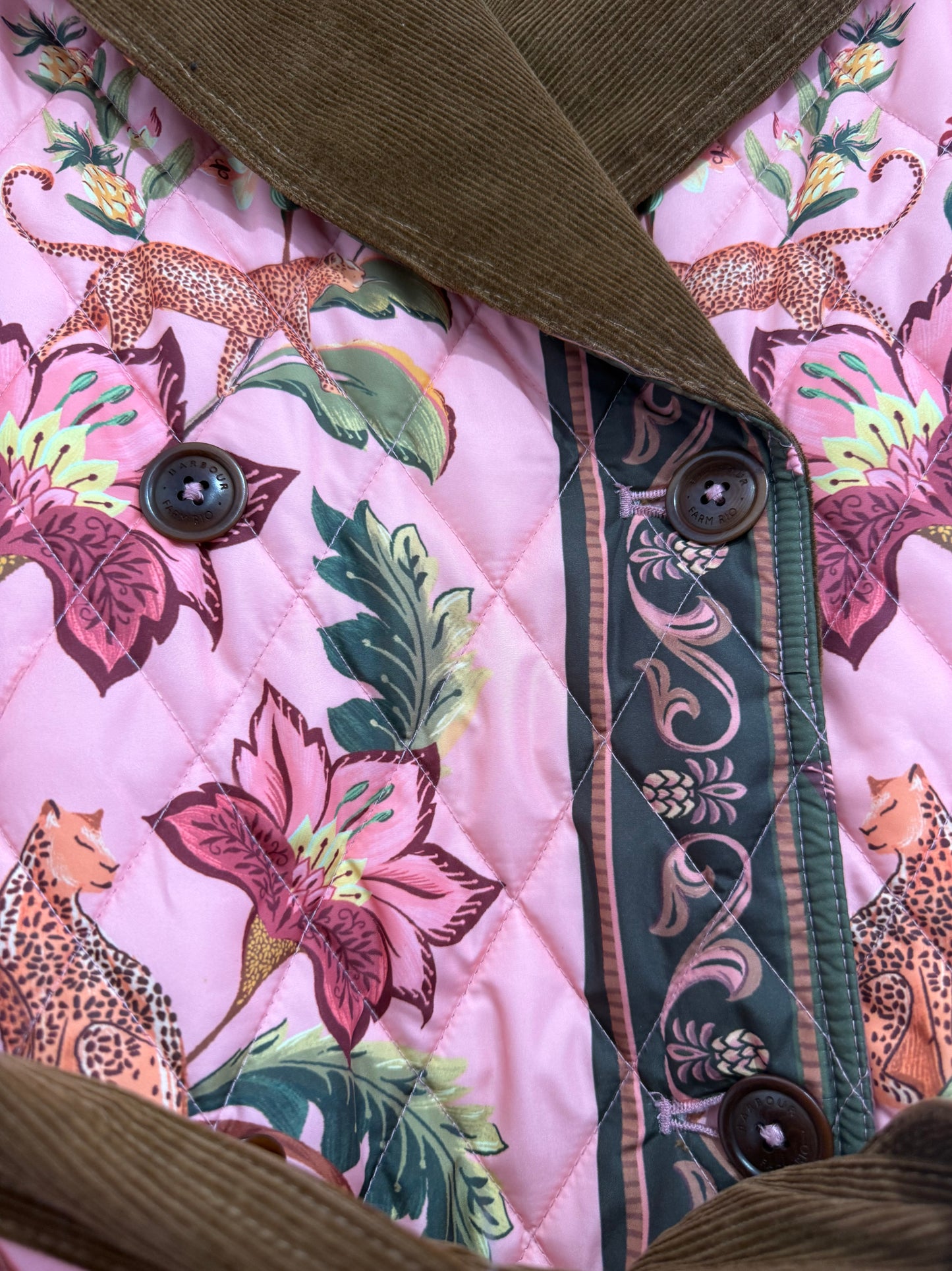 BNWT Barbour x Farm Rio Cami Quilted Jacket. Pink patchwork. Size XS.