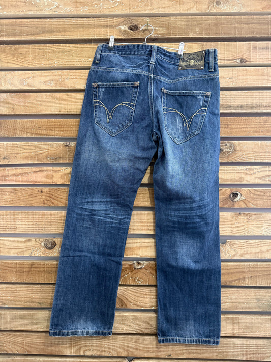 Vintage Y2K Mish Mash Dark Blue distressed stonewash jeans. Waist 33” leg 30”