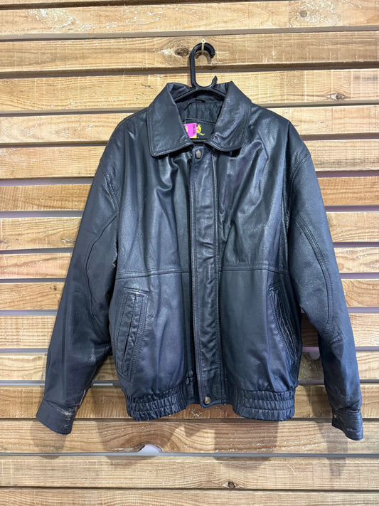 Vintage 80s David Conrad leather biker bomber jacket. Black. Size Large.