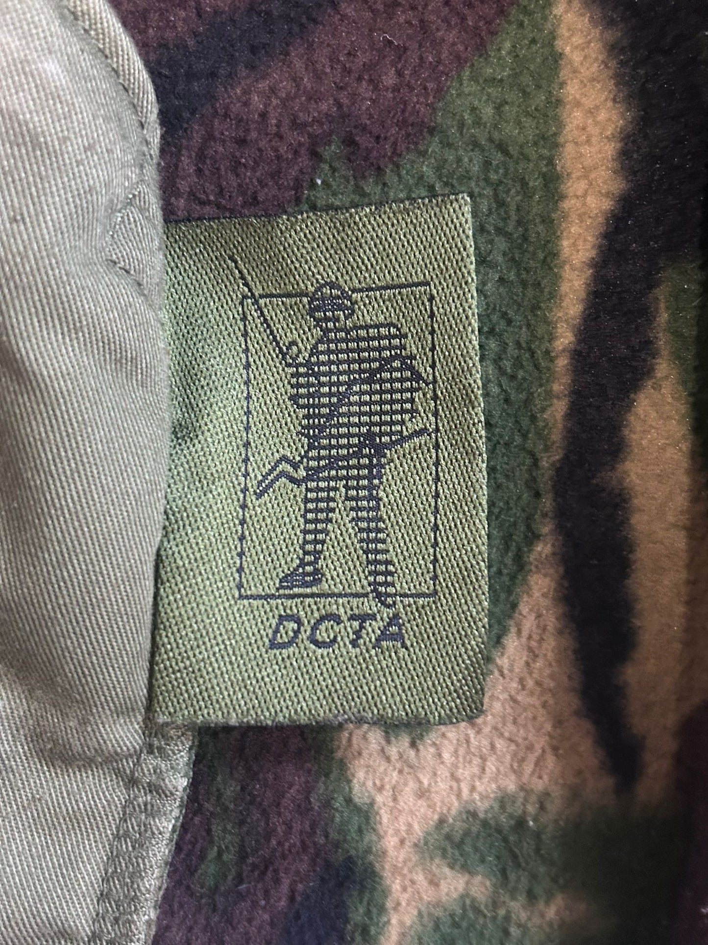 Vintage 90s DCTA camo print fleece zip up bomber jacket. Size Small.