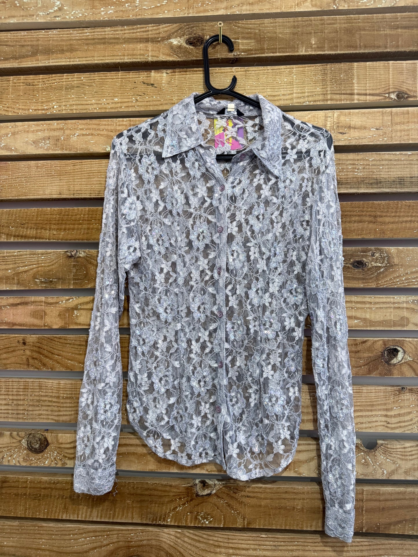 Vintage 90s Faust lace sheer blouse. Size Small. Silver.