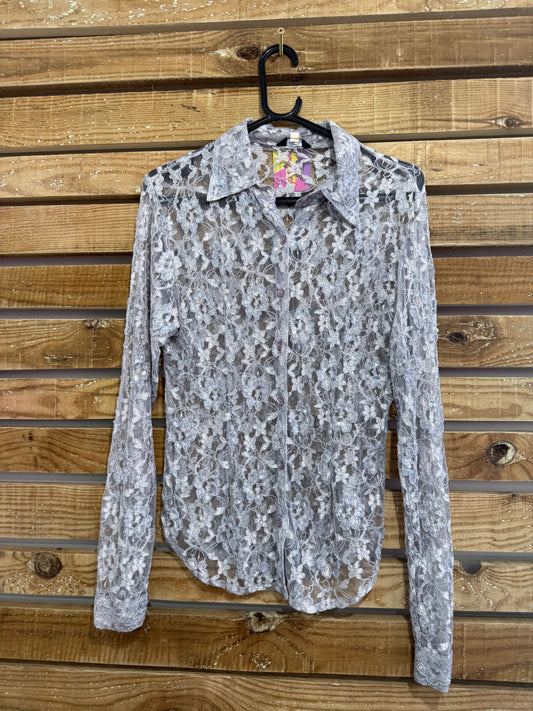 Vintage 90s Faust lace sheer blouse. Size Small. Silver.
