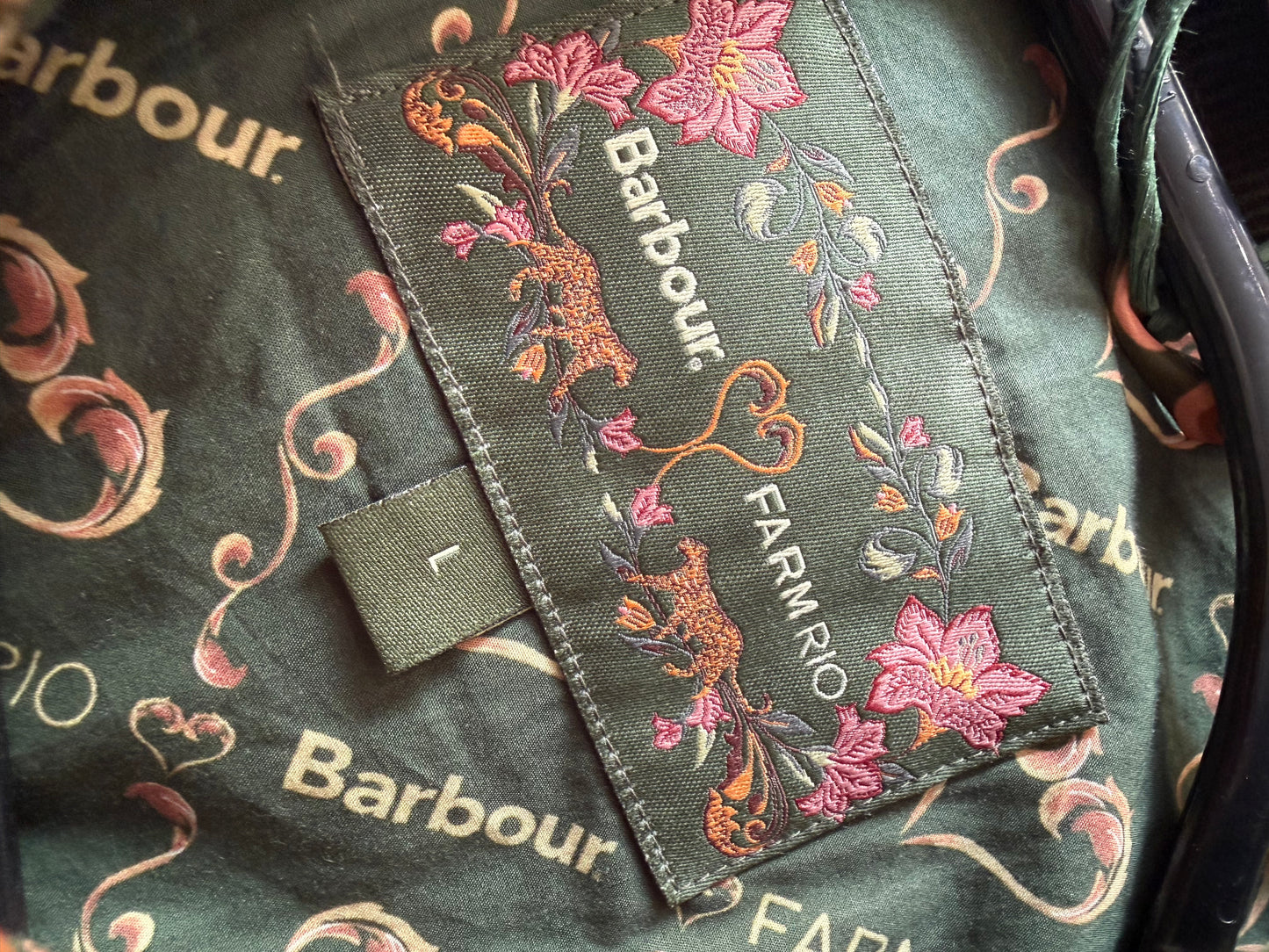 BNWT Barbour x Farm Rio Luisa Quilted Jacket. Green & Orange floral pineapple print. Size Large.