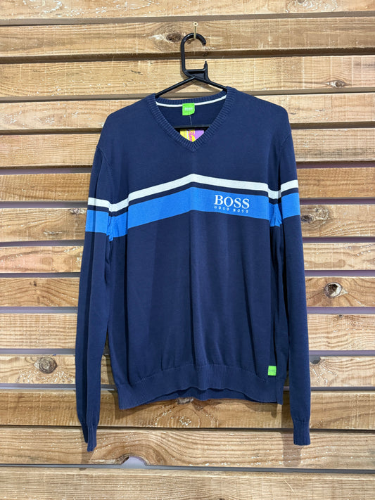 Vintage 90s Hugo Boss spell-out crewneck jumper/ sweater. Navy blue. Size Large.