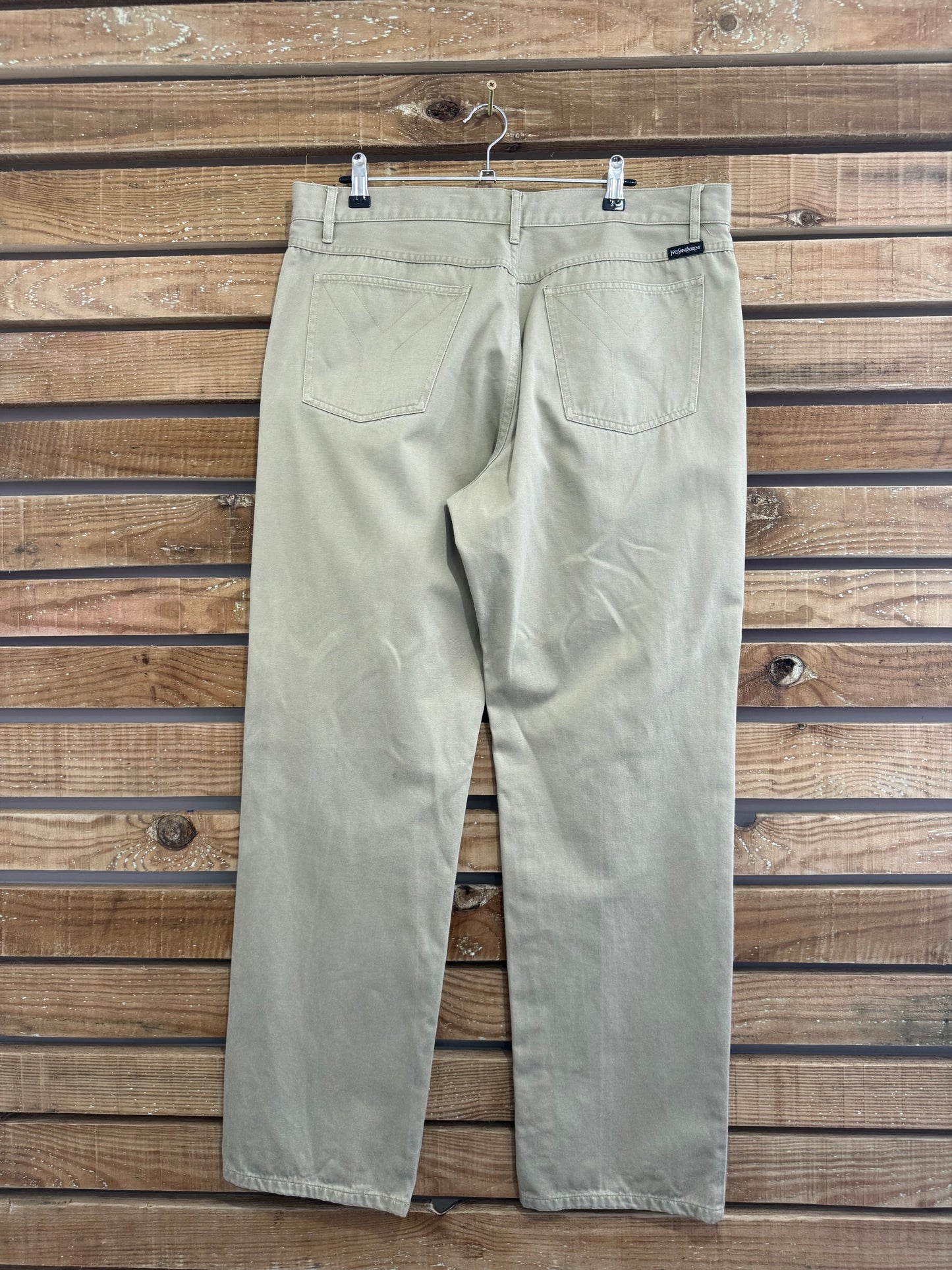 Vintage 90s Yves Saint Laurent (YSL) beige pants/ trousers. Jean style. 36” waist, 31.5” leg.