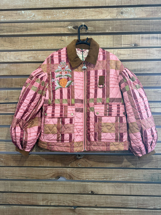 BNWT Barbour x Farm Rio Ana-Clara Quilted Jacket. Pink patchwork. Size Medium