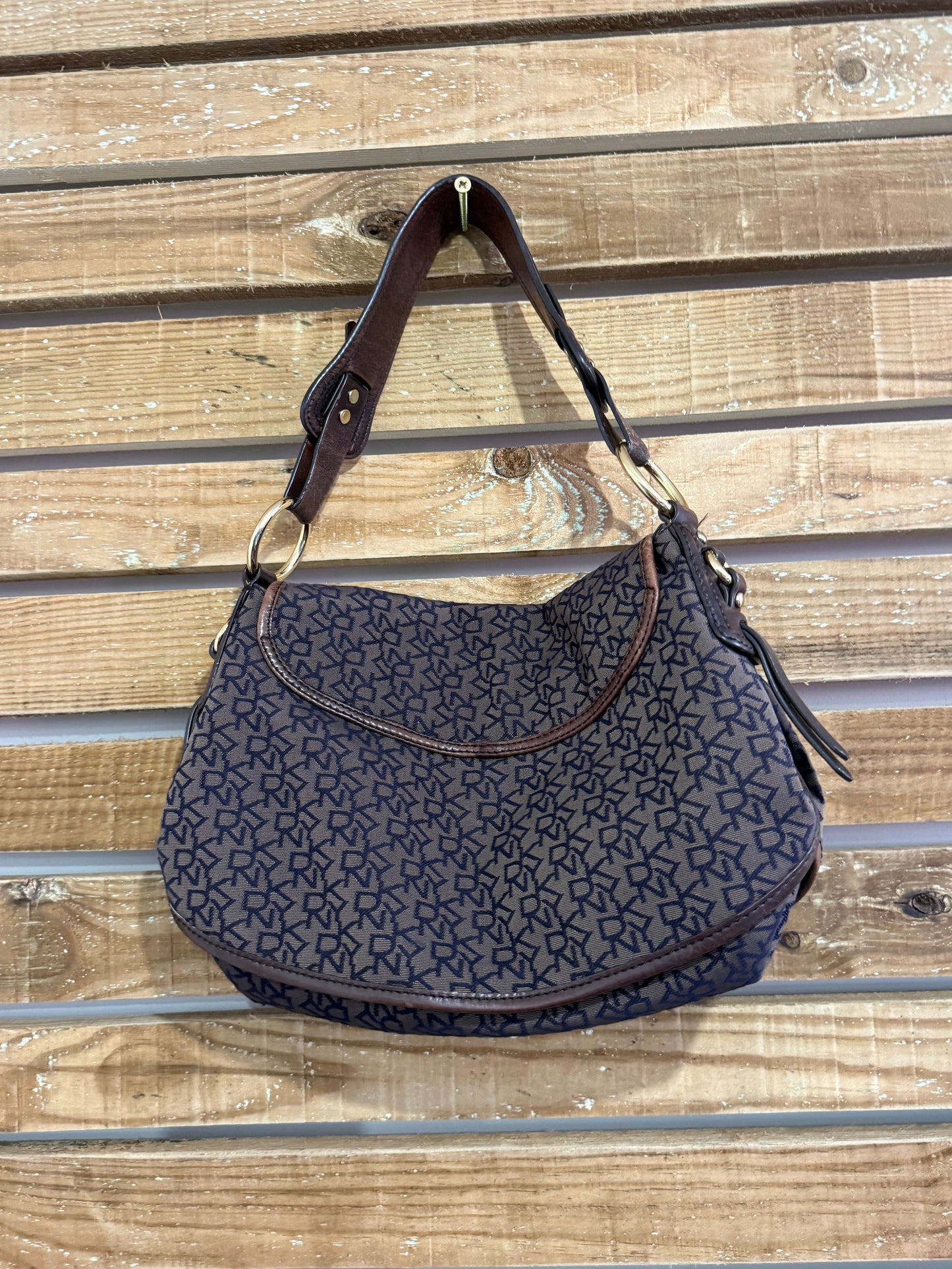 Vintage Y2K DKNY shoulder bag. Monogram brown leather trim.
