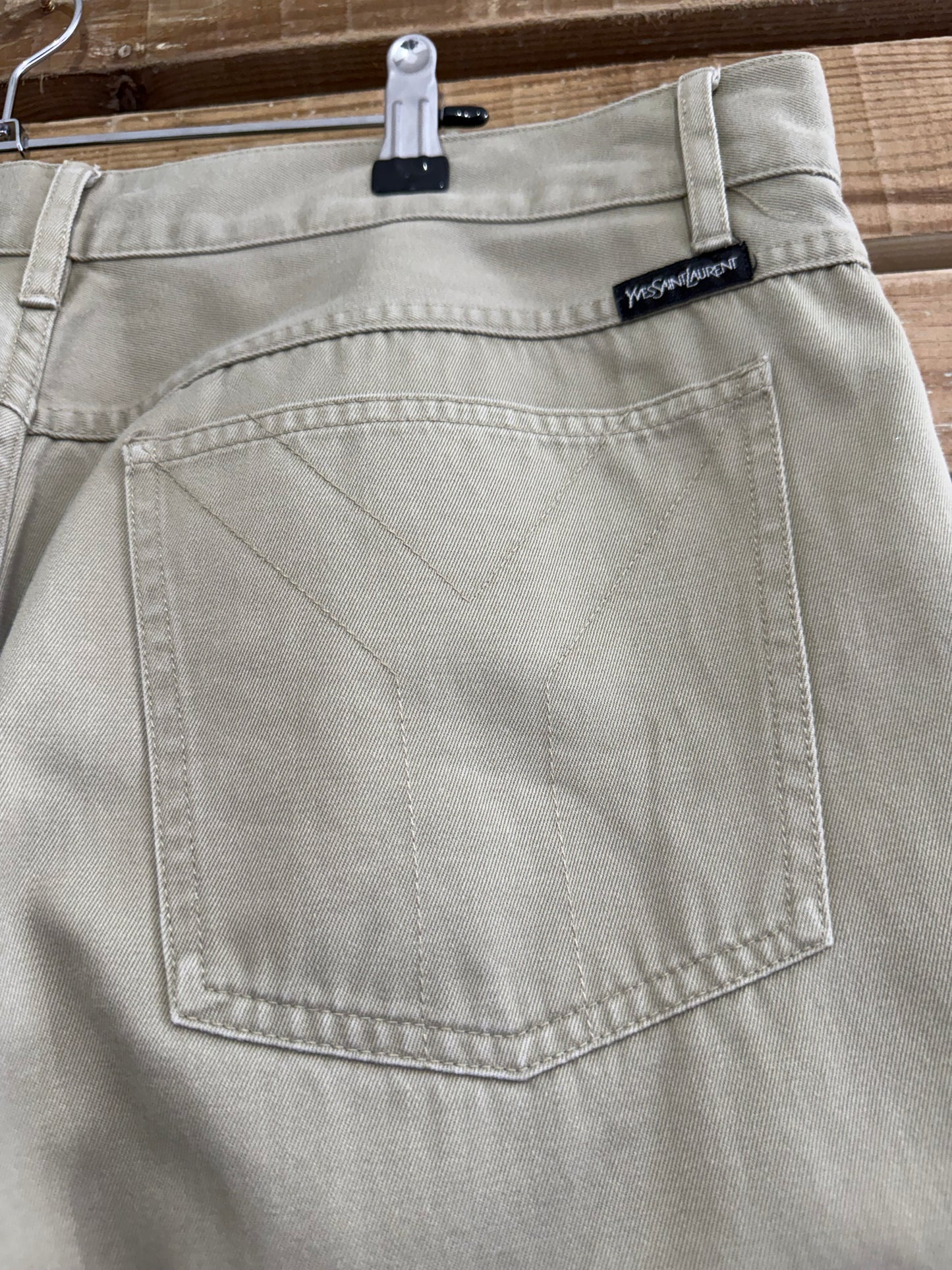 Vintage 90s Yves Saint Laurent (YSL) beige pants/ trousers. Jean style. 36” waist, 31.5” leg.