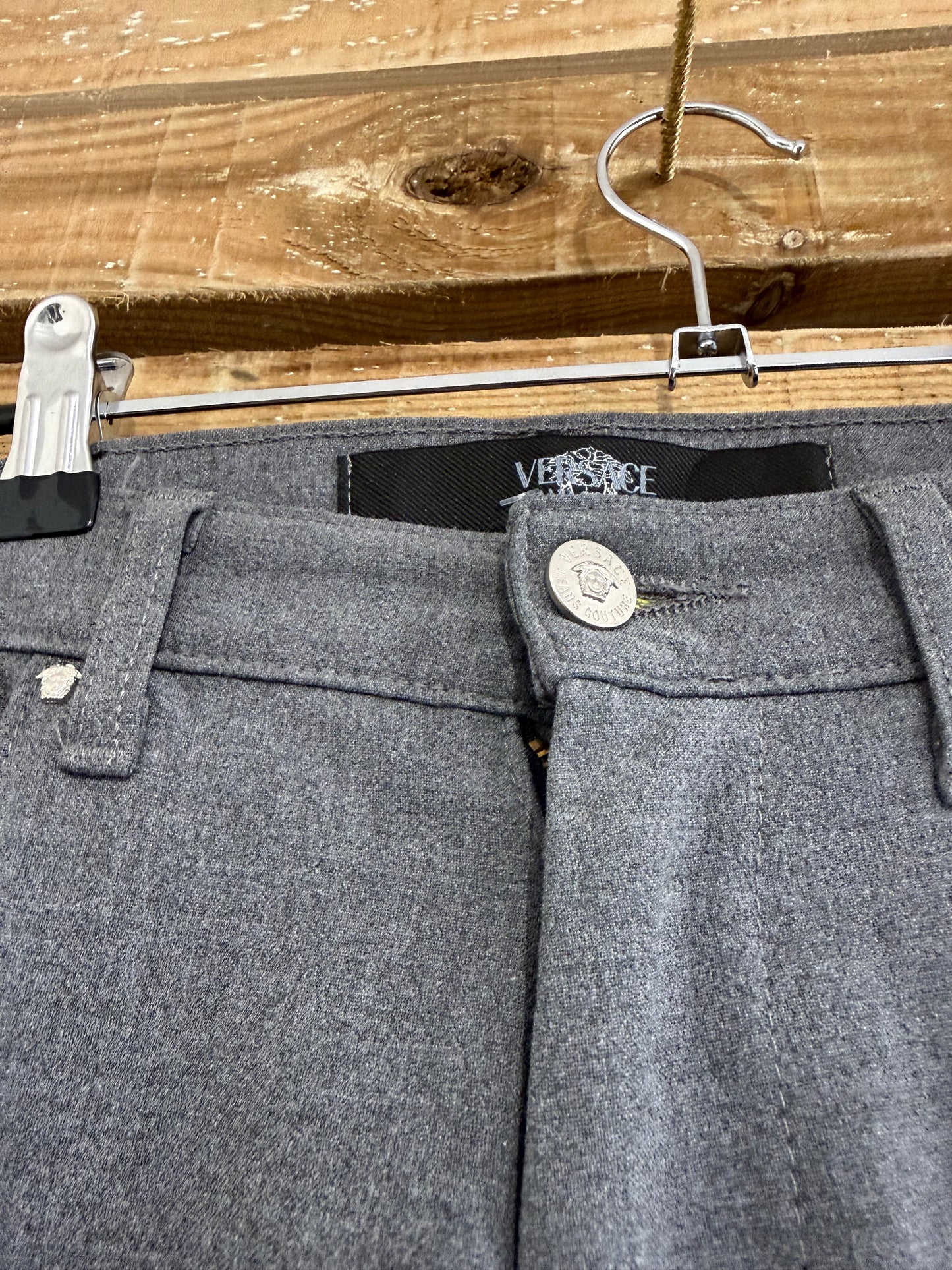 Vintage 90s Versace grey pants/ trousers. Jean style. Medusa head. 34” waist, 34”leg.