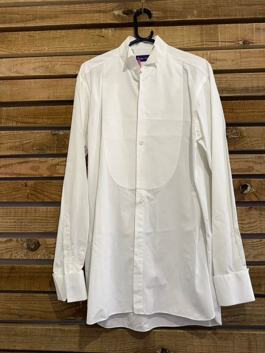 Ralph Lauren purple label white Dress Shirt - French Cuffs, Size 15.5 collar. Size Large. Black tie.