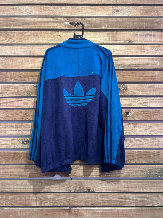 Vintage 80’s RARE Adidas spell-out zip-up fleece jacket. Blue. Size Large