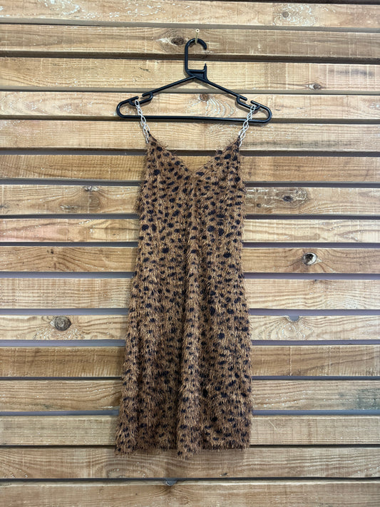 Vintage Y2K leopard print fluffy dress. Size 8. Festival. Chain detail.