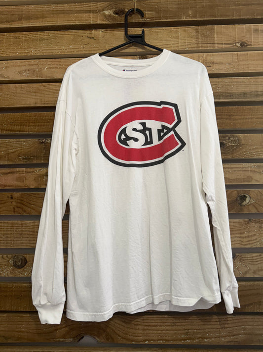 Vintage 90s Champion St.Cloud State Huskies Football USA American spell-out t-shirt. Size Large.