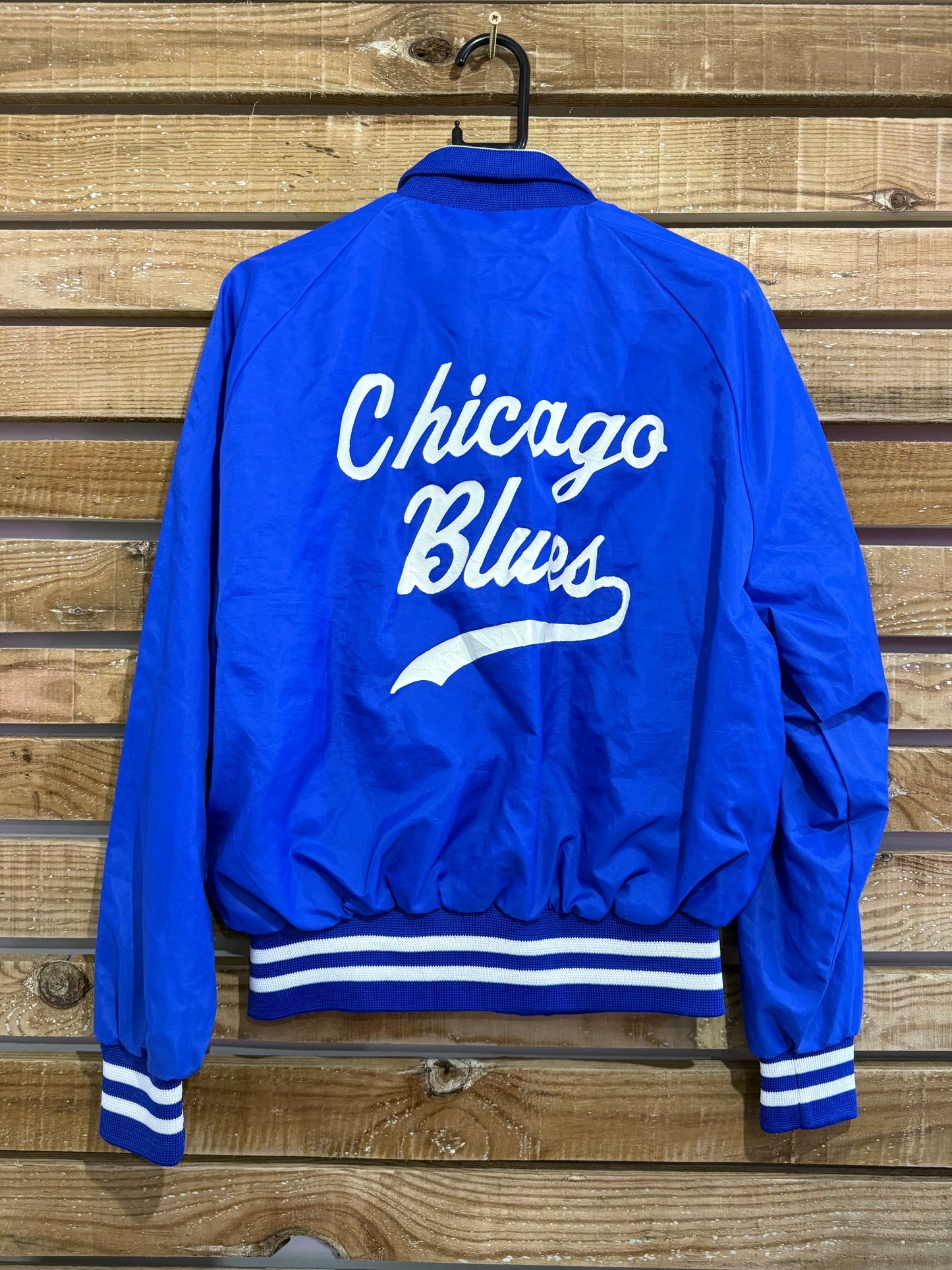 Vintage 80s satin bomber jacket. USA. Size Medium. Aristo jac. ‘Chicago Blues’ Varsity