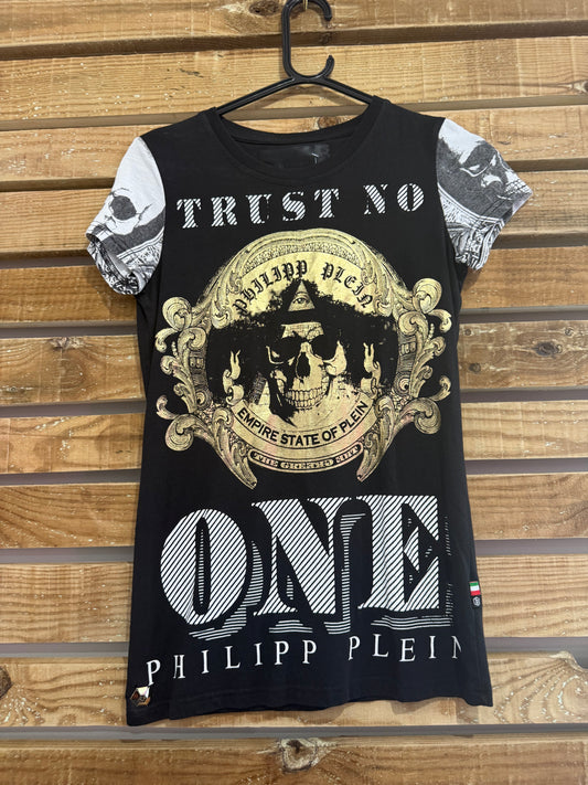 Phillip Plein skull print T-shirt. Metallic. Size XS