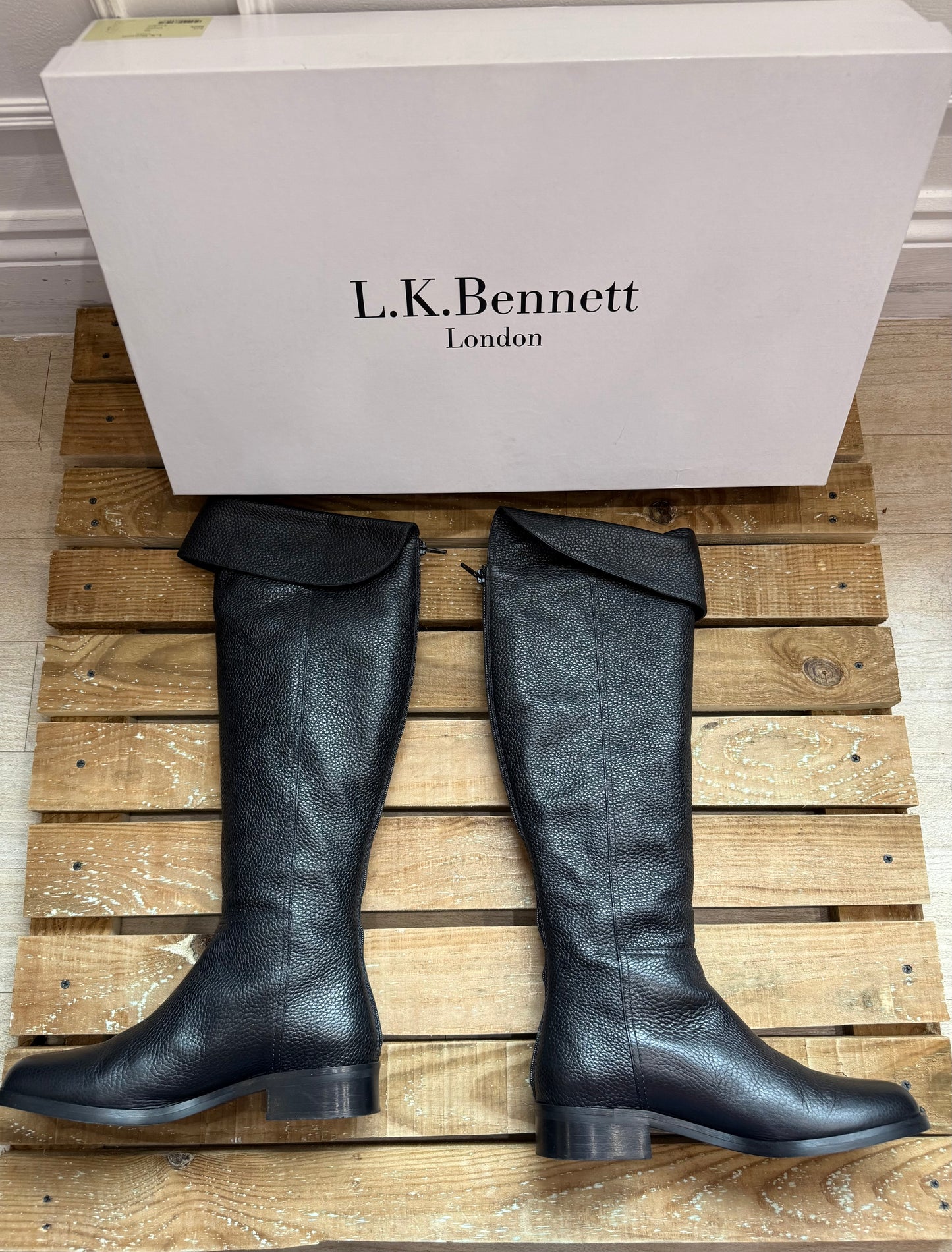 L.K.Bennett knee high fold over boots. Black leather. Size UK6 EU39. In box