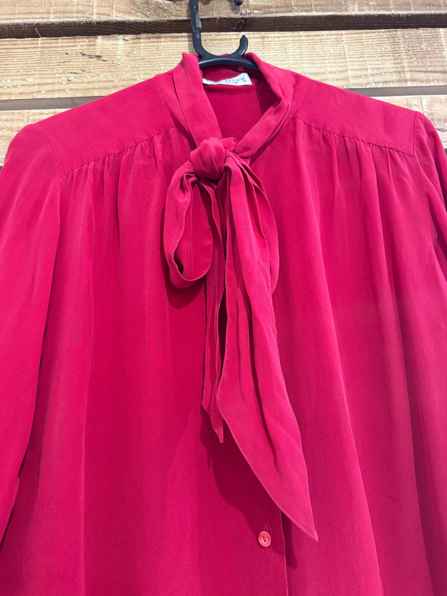 Vintage 80s Burberry red silk blouse/ top. Pussy bow. Free sizing.