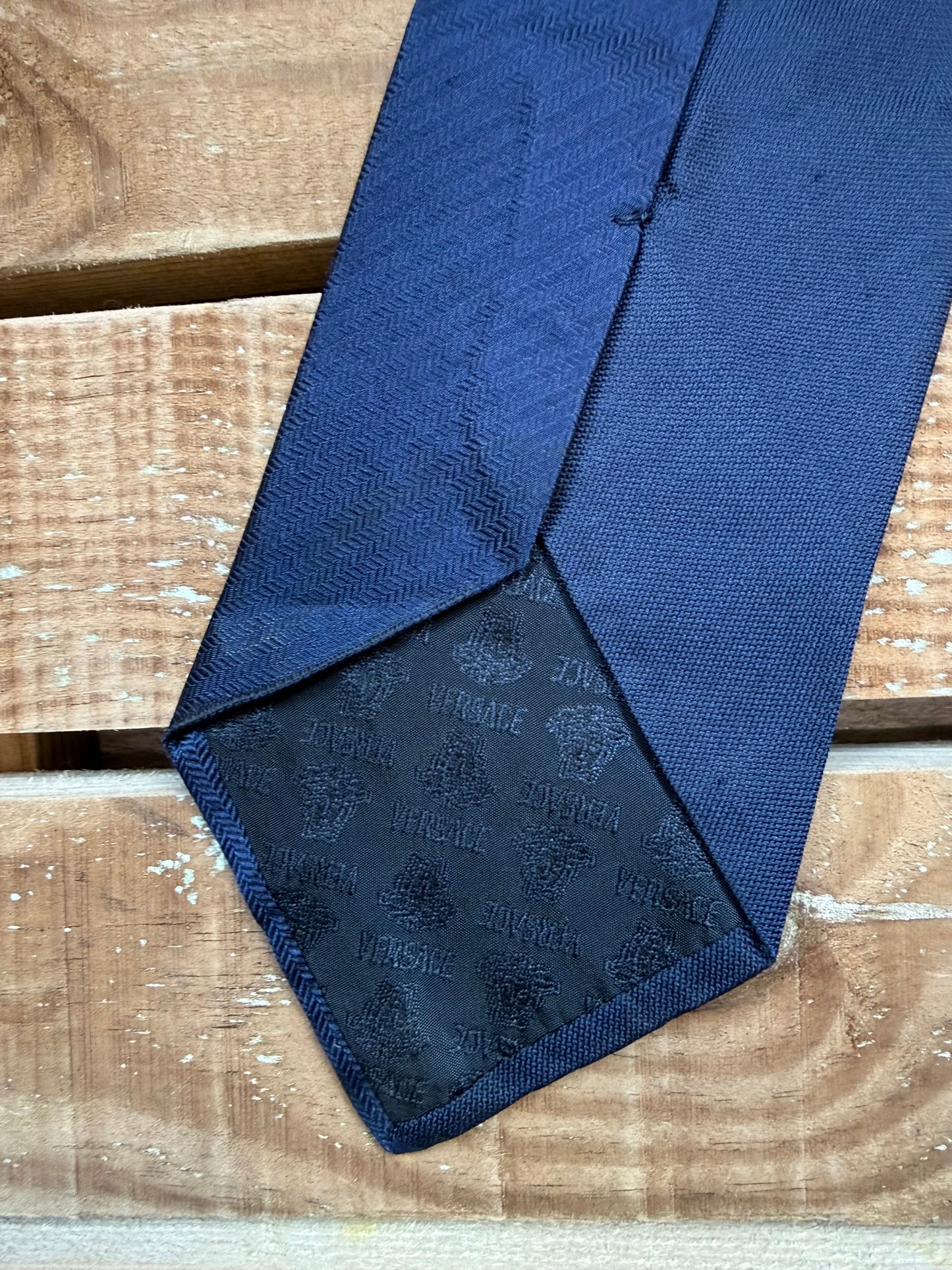 Vintage 90s Versace Medusa silk tie. Baroque. Navy.