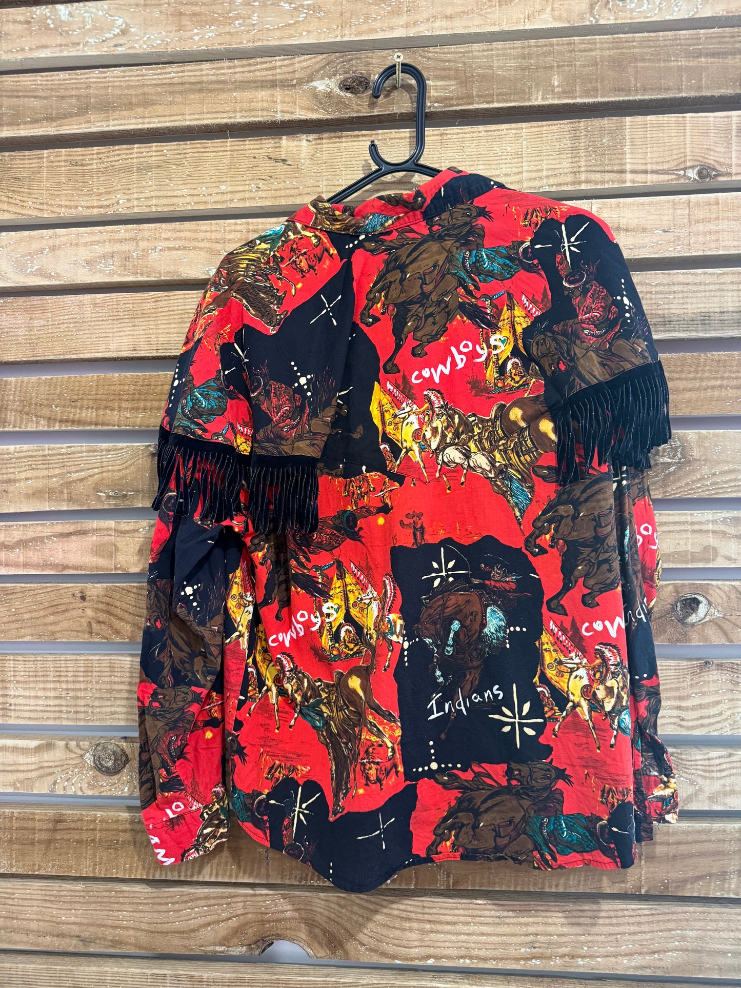 Vintage 80s Rafter Cowboy & Indians fringed western shirt. Made in USA. Size Large.