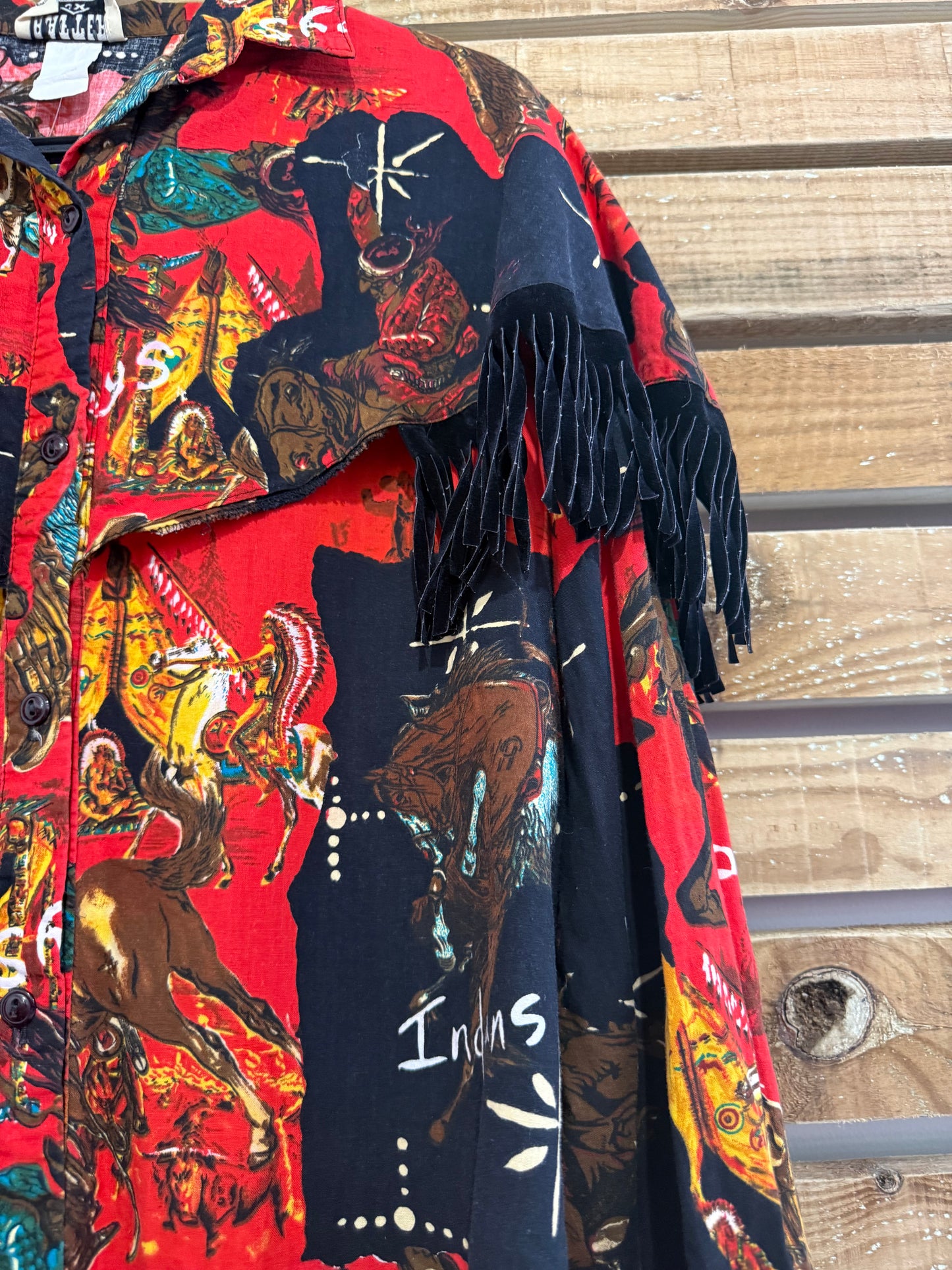 Vintage 80s Rafter Cowboy & Indians fringed western shirt. Made in USA. Size Large.