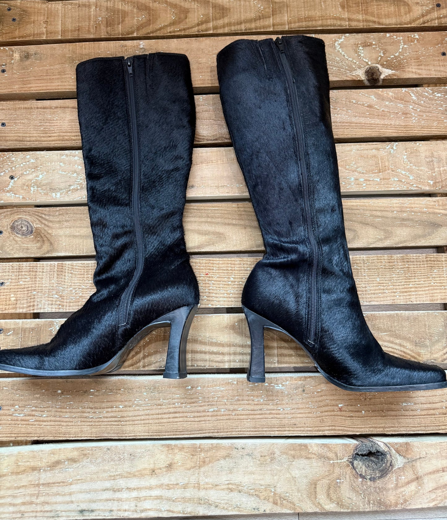 Vintage Y2K pony skin knee high boots, heeled boots. Black. Size UK5 EU38.
