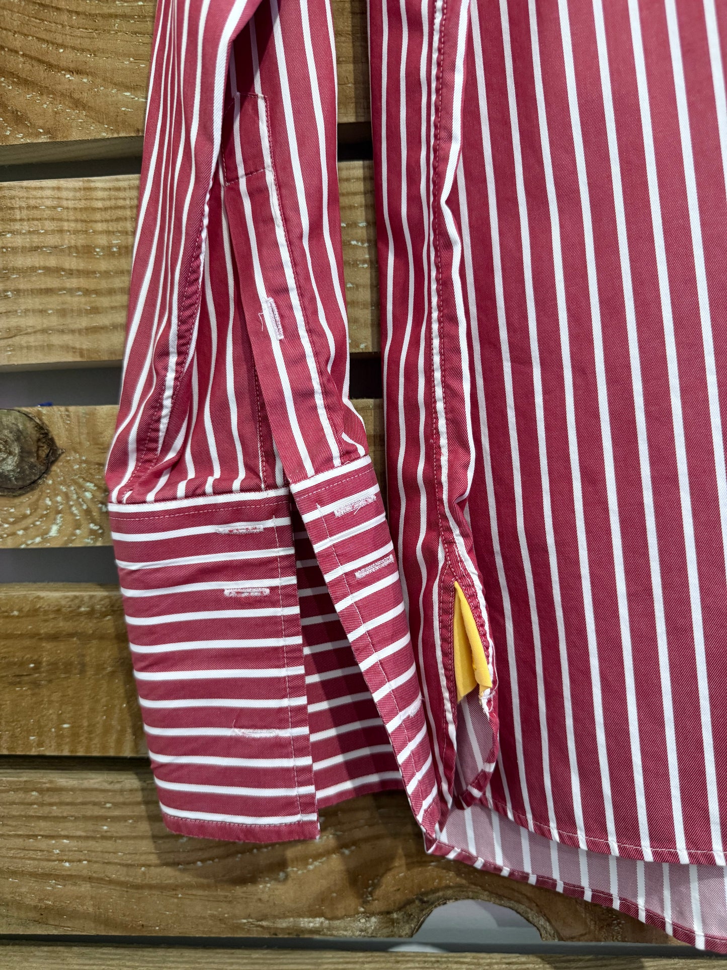 Vintage 90s Aquascutum Dress Shirt - French Cuffs, 15.5” Collar, 46” chest. Size Large. Red stripe.