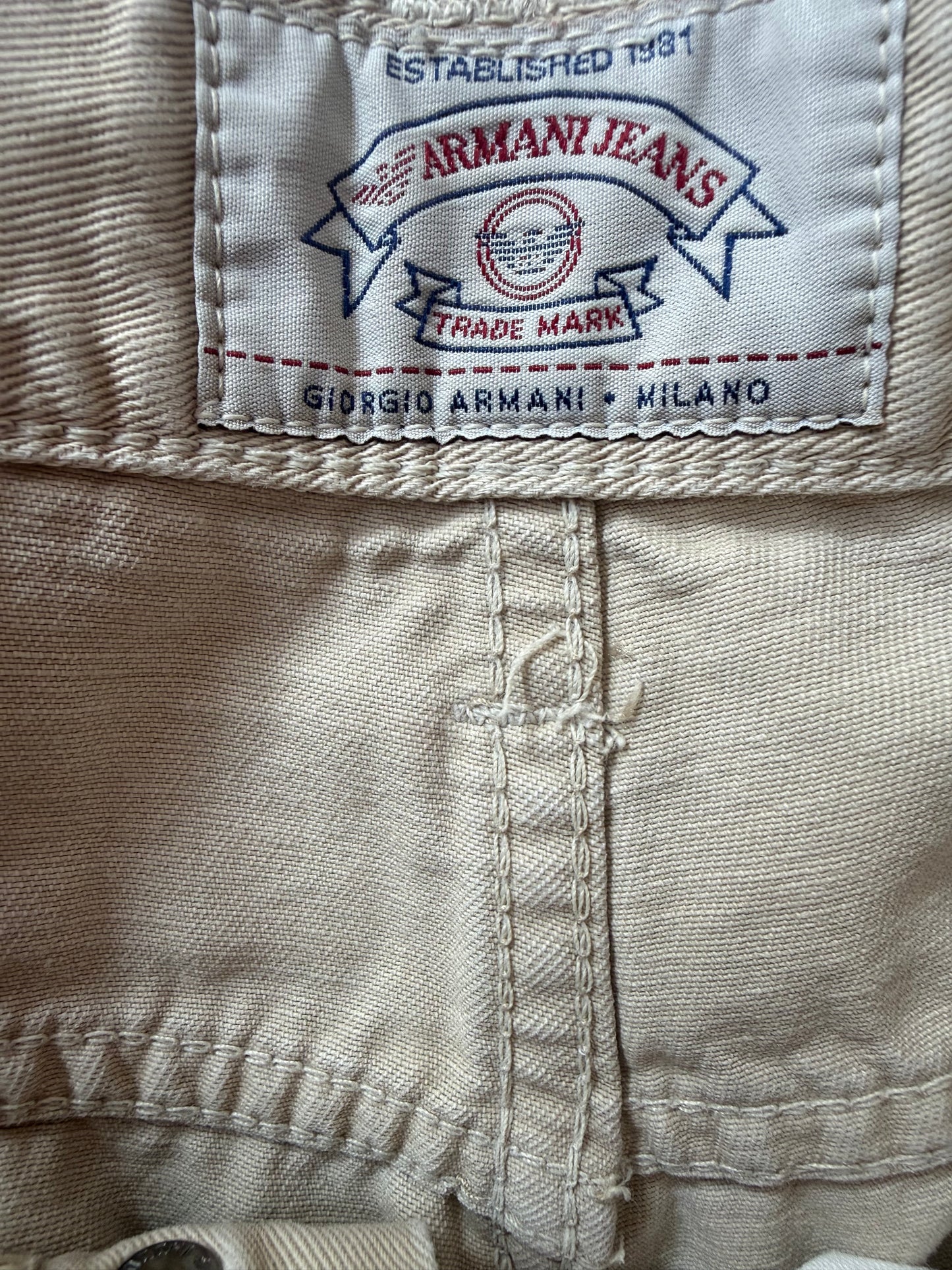 Vintage 90s Armani beige pants/ trousers. Jean style. 32” waist, 33” leg.