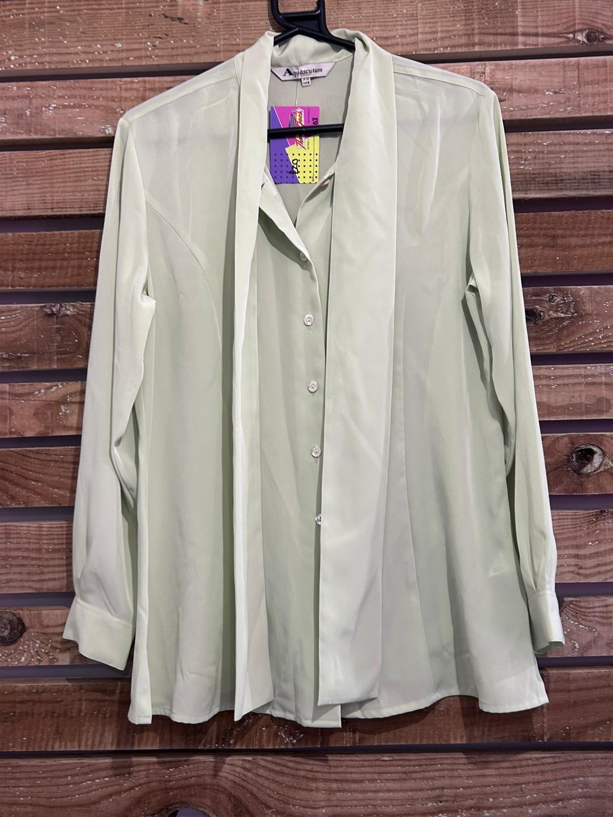 Vintage 80s Aquascutum pussy bow pale green blouse. Size UK10.