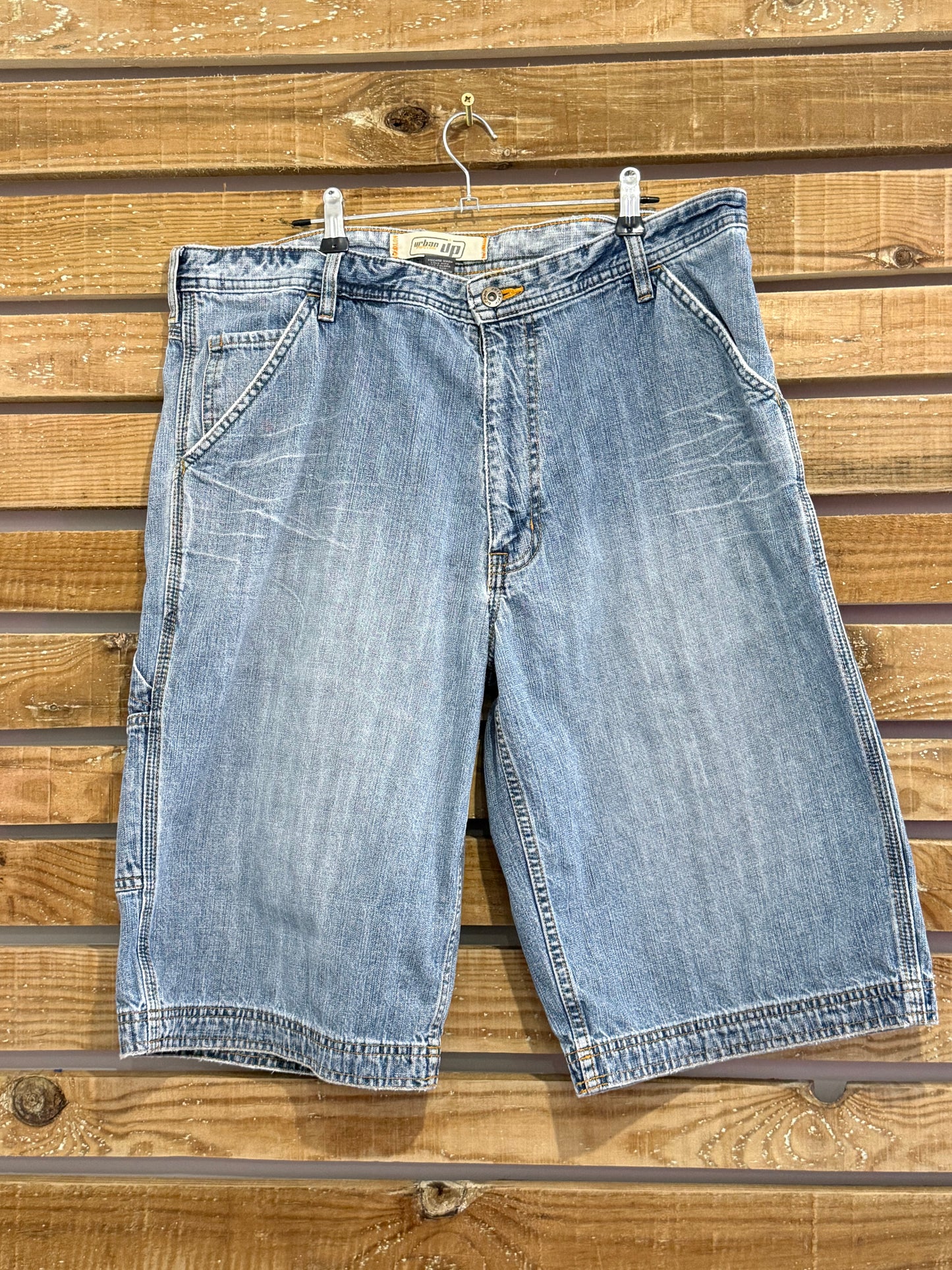 Vintage 90s Up Carpenter blue denim shorts. Jorts. Baggy/ skater. Waist 36”