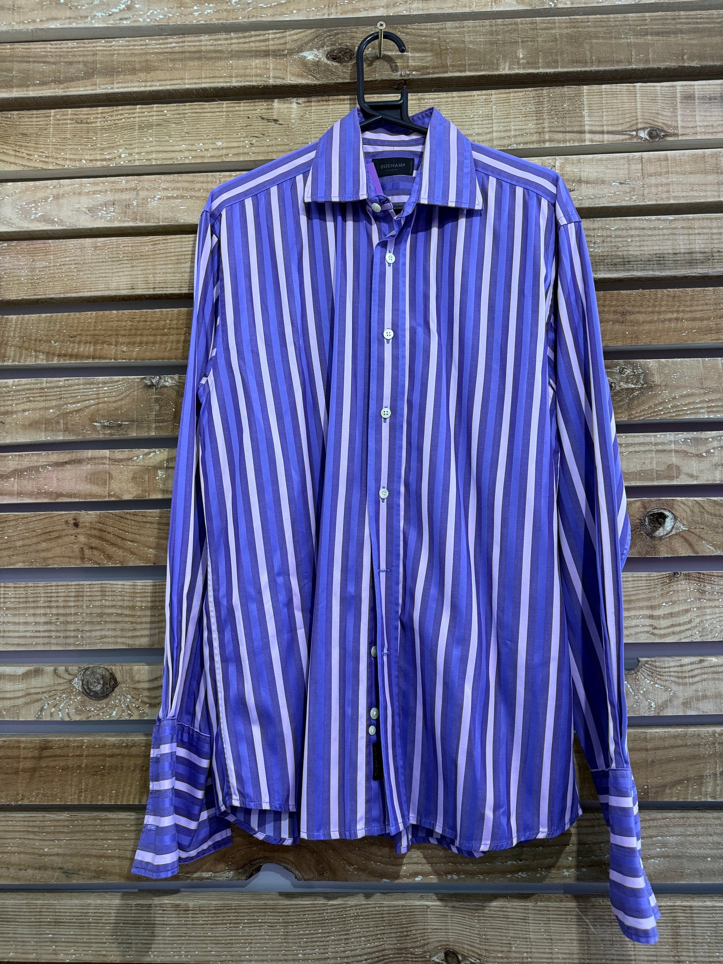 Duchamp striped shirt. Purple. 16 collar. Size Large.