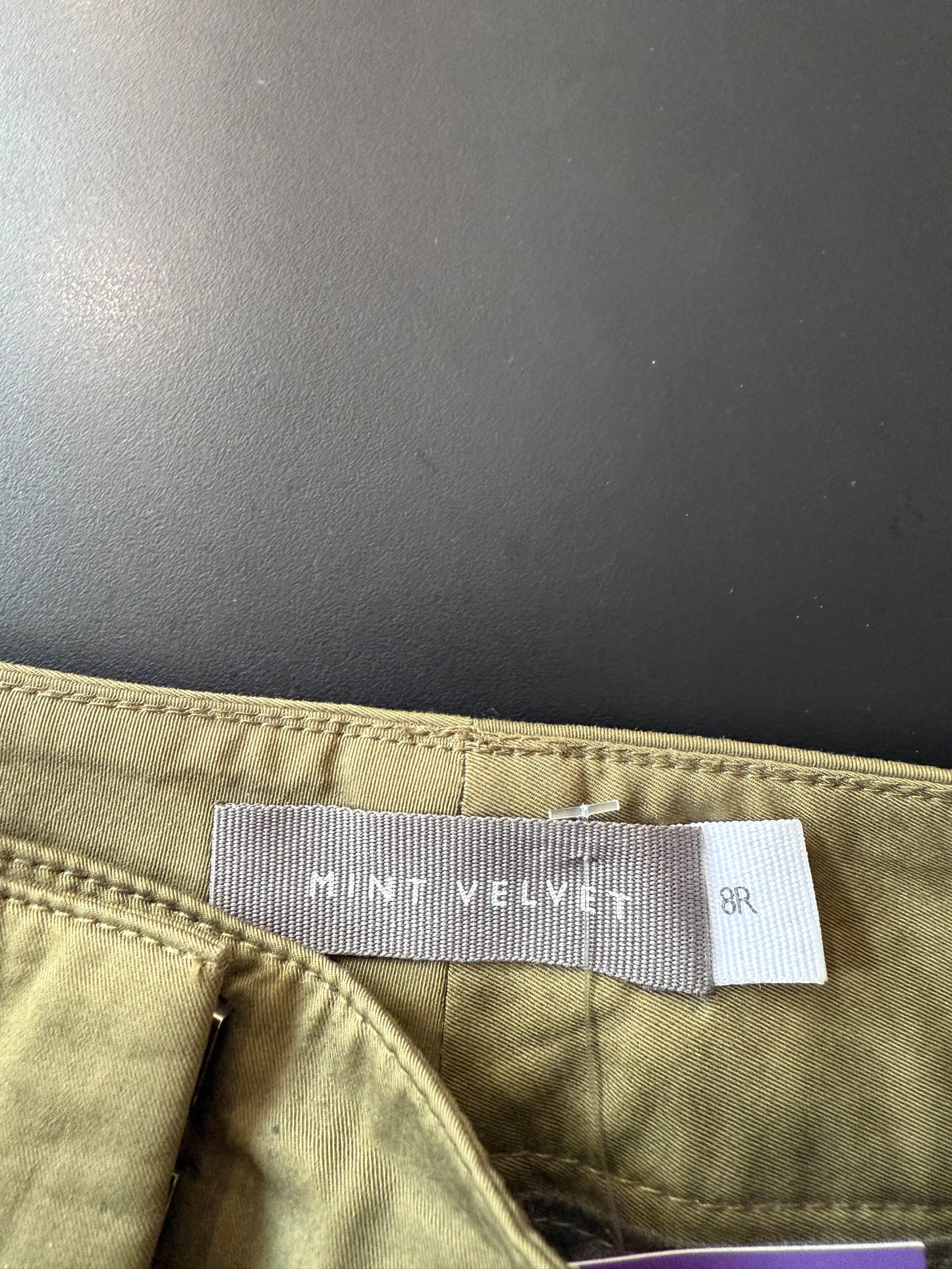 Mint Velvet khaki tapered trousers. Size UK8, 26” waist.