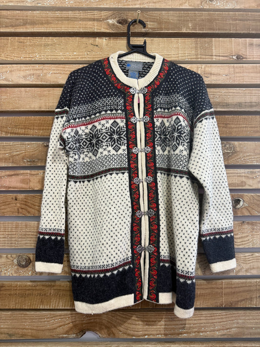 Vintage 90s fair-isle Icelandic 100% wool cardigan with clasps. Size Medium