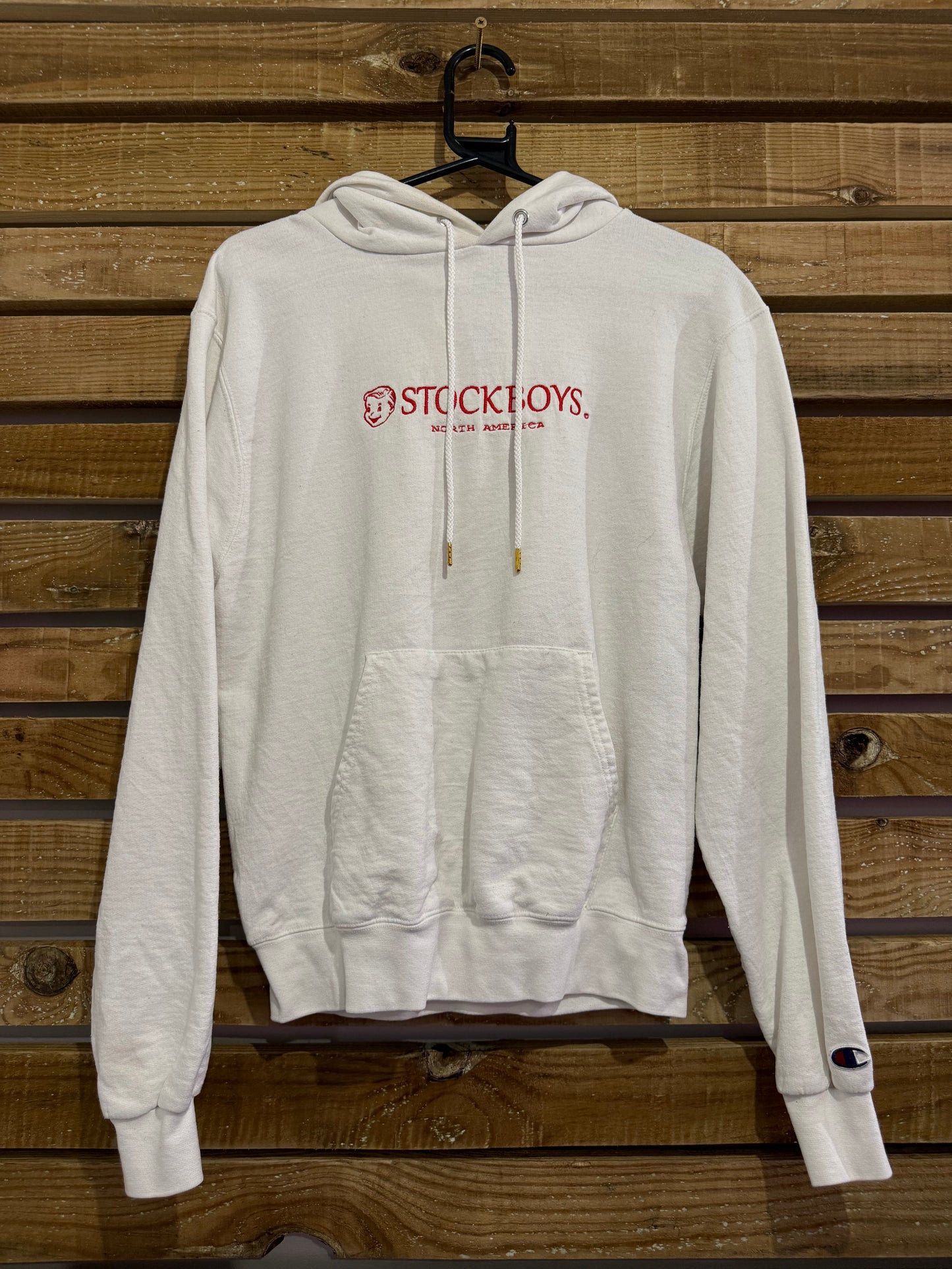 Vintage Y2K Champion Stockboys hoodie/ hooded sweater. White. Size Small.